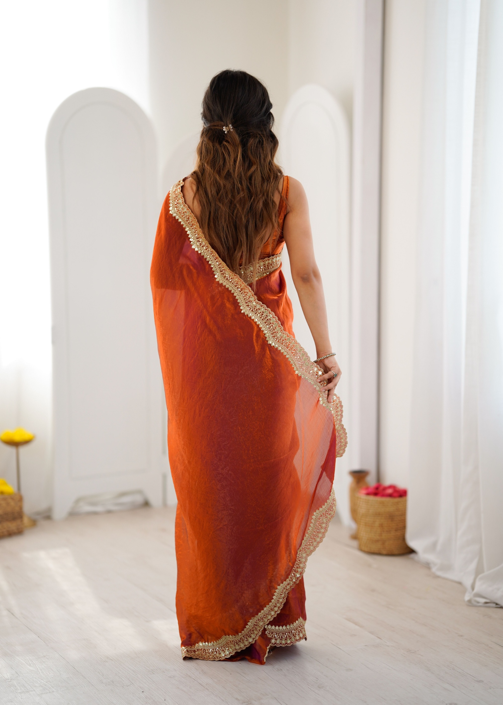 Orange Fendy Satin Silk Sequin Zari Embroidered Saree — alternate view