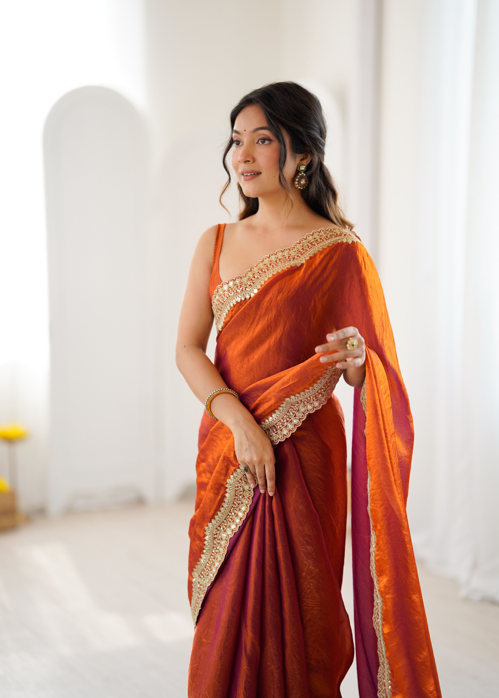 Orange Fendy Satin Silk Sequin Zari Embroidered Saree
