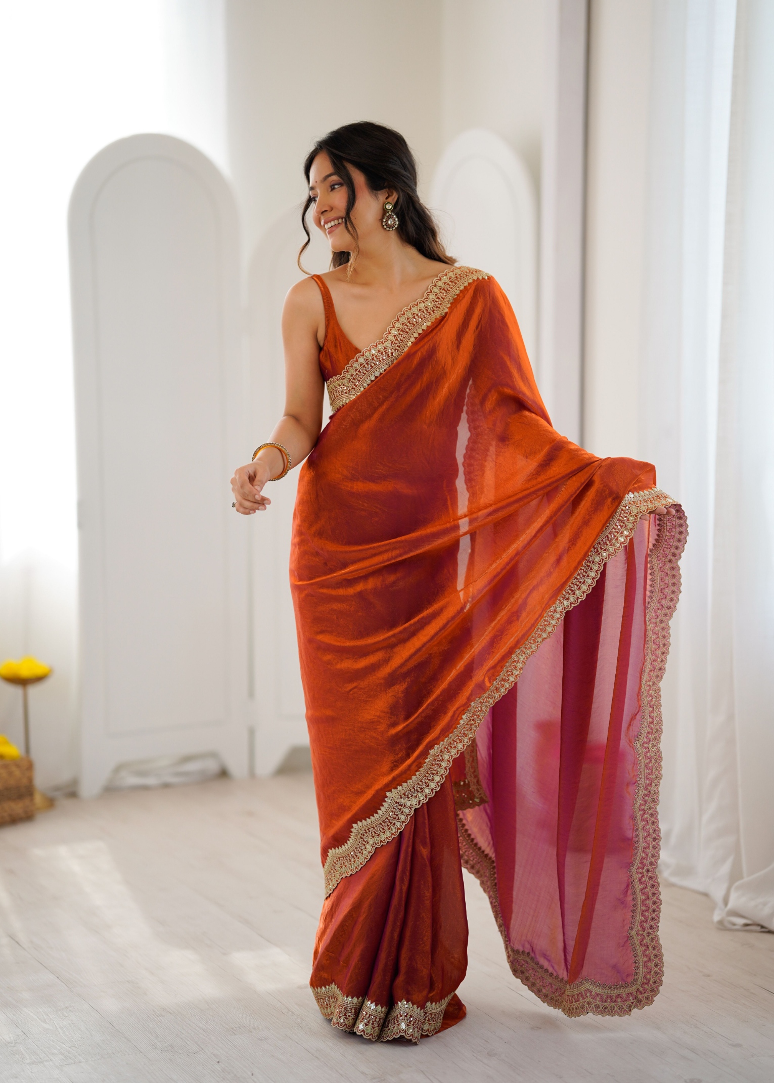 Orange Fendy Satin Silk Sequin Zari Embroidered Saree