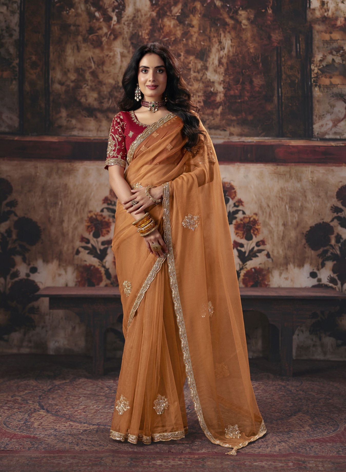 Orange Floral Bead Work Organza Saree