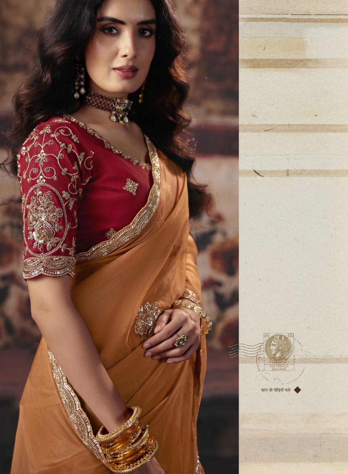 Orange Floral Bead Work Organza Saree — alternate view