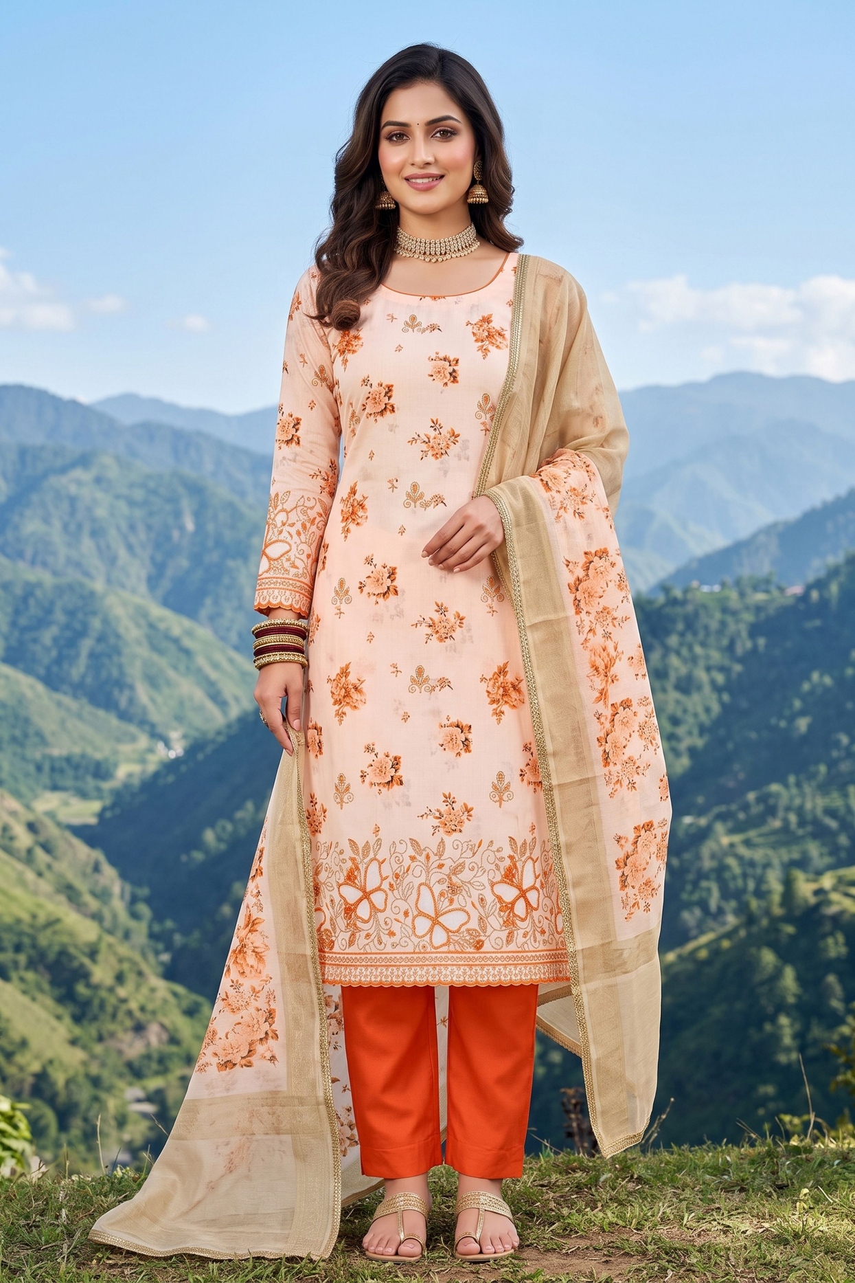 Orange Floral Bits Work Jam Cotton Straight Suit