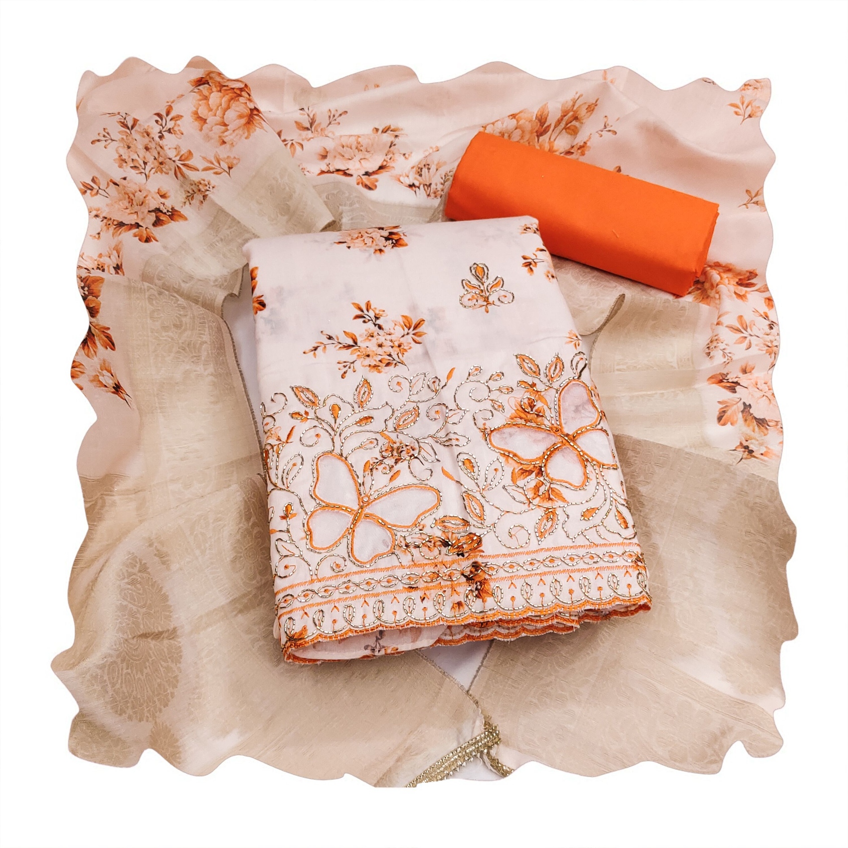 Orange Floral Bits Work Jam Cotton Straight Suit — alternate view