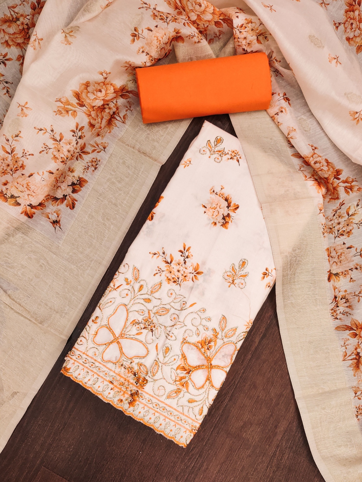 Orange Floral Bits Work Jam Cotton Straight Suit