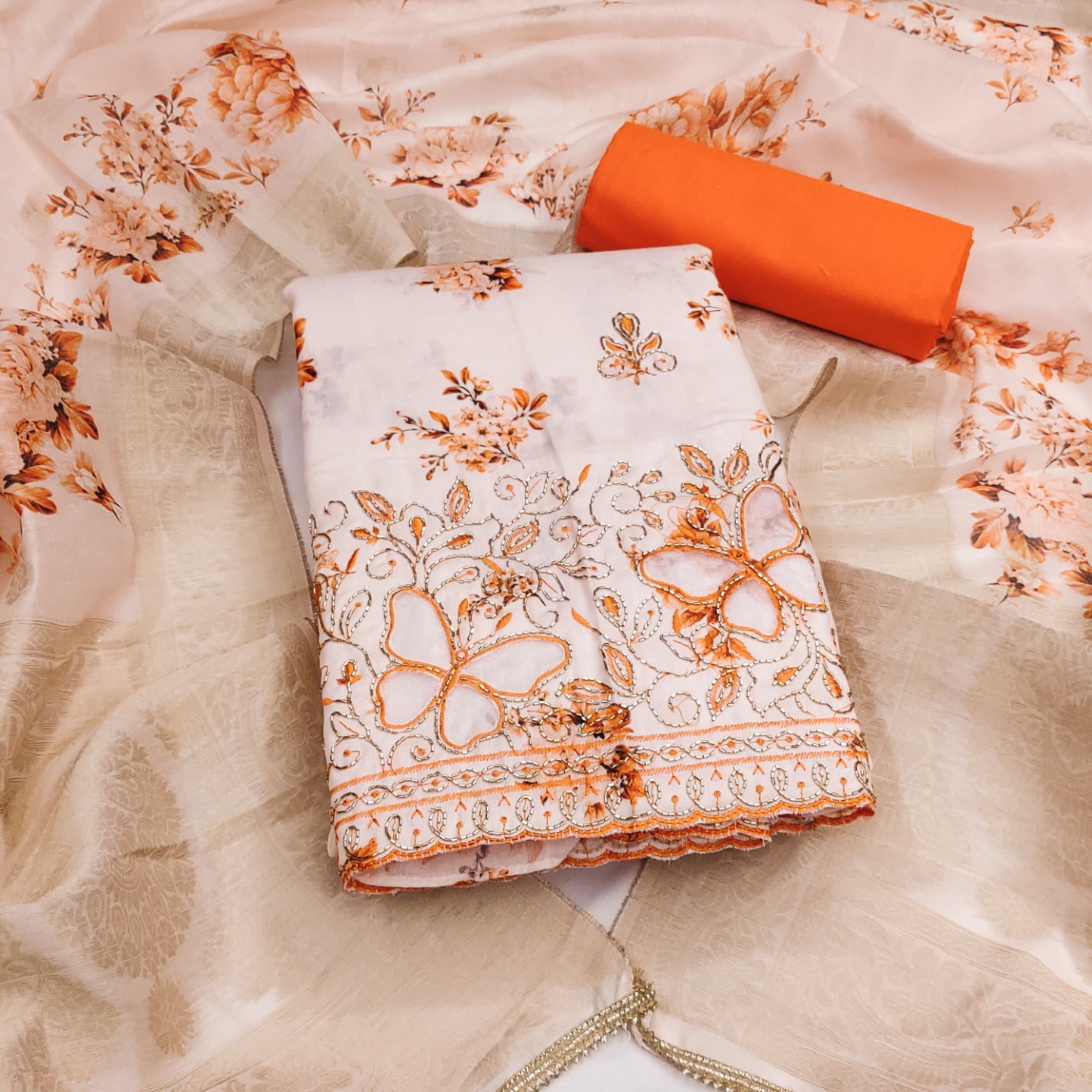Orange Floral Bits Work Jam Cotton Straight Suit