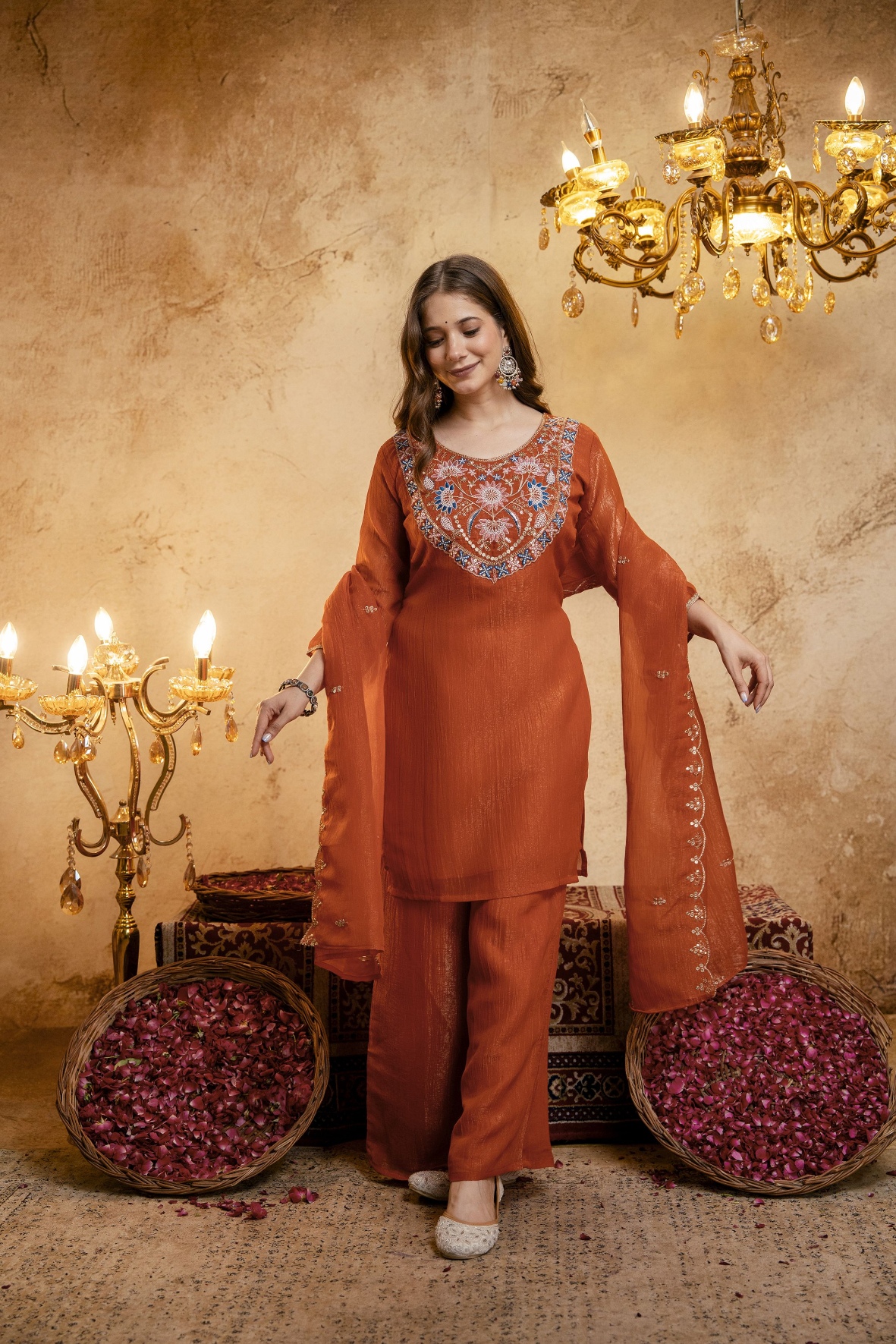Orange Floral Designer Embroidery Crunchy Straight Suit