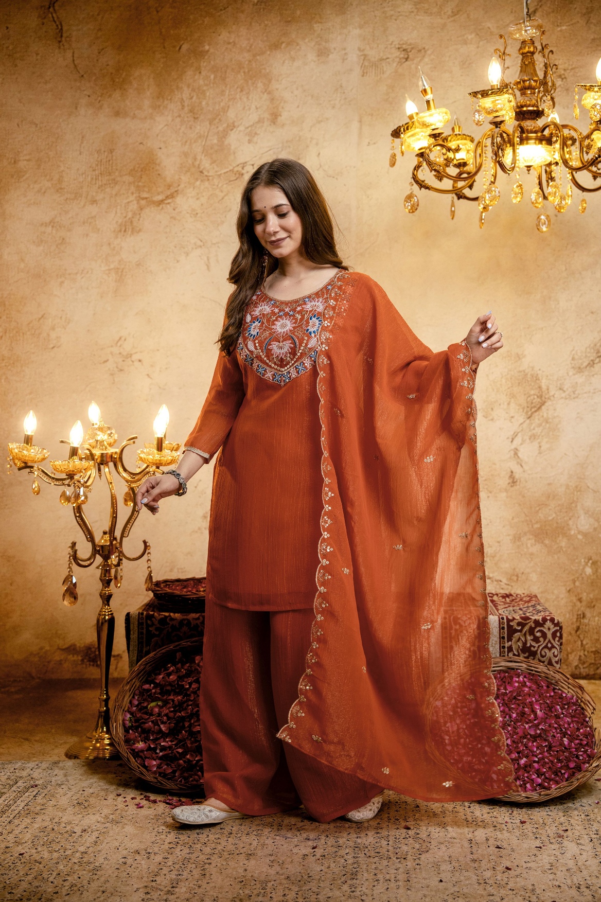 Orange Floral Designer Embroidery Crunchy Straight Suit