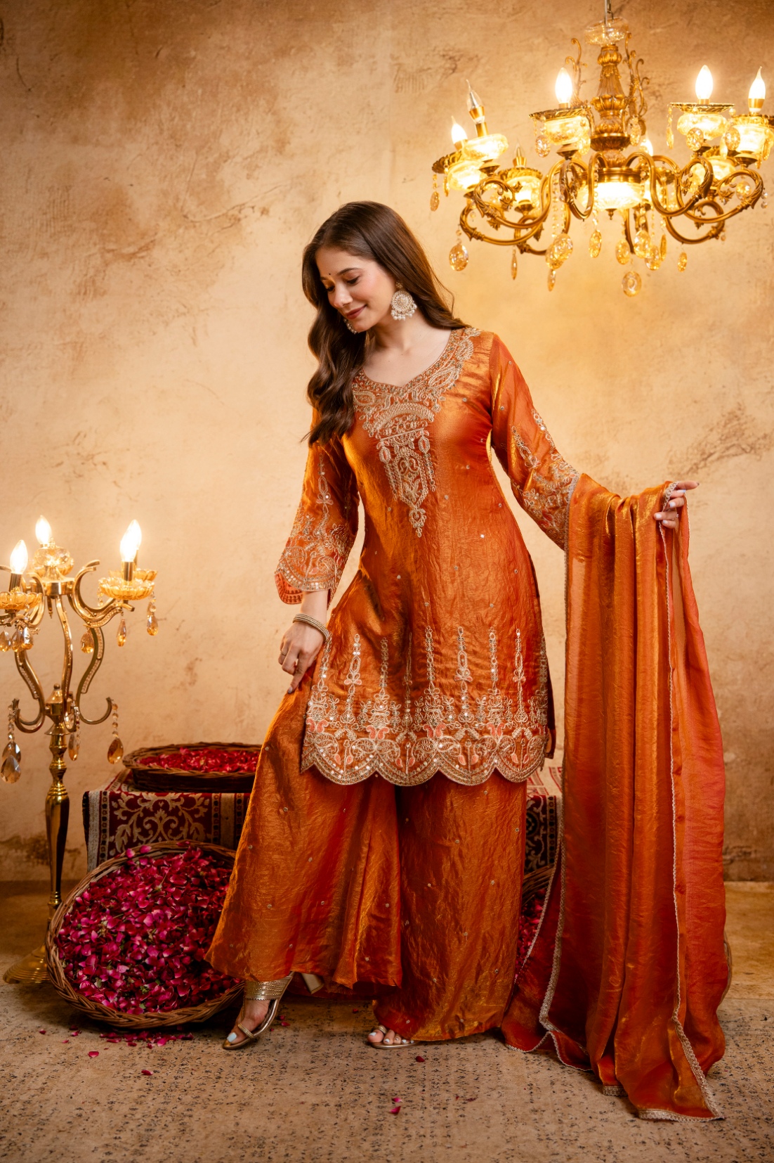 Orange Floral Designer Embroidery Fendy Anarkali Suit