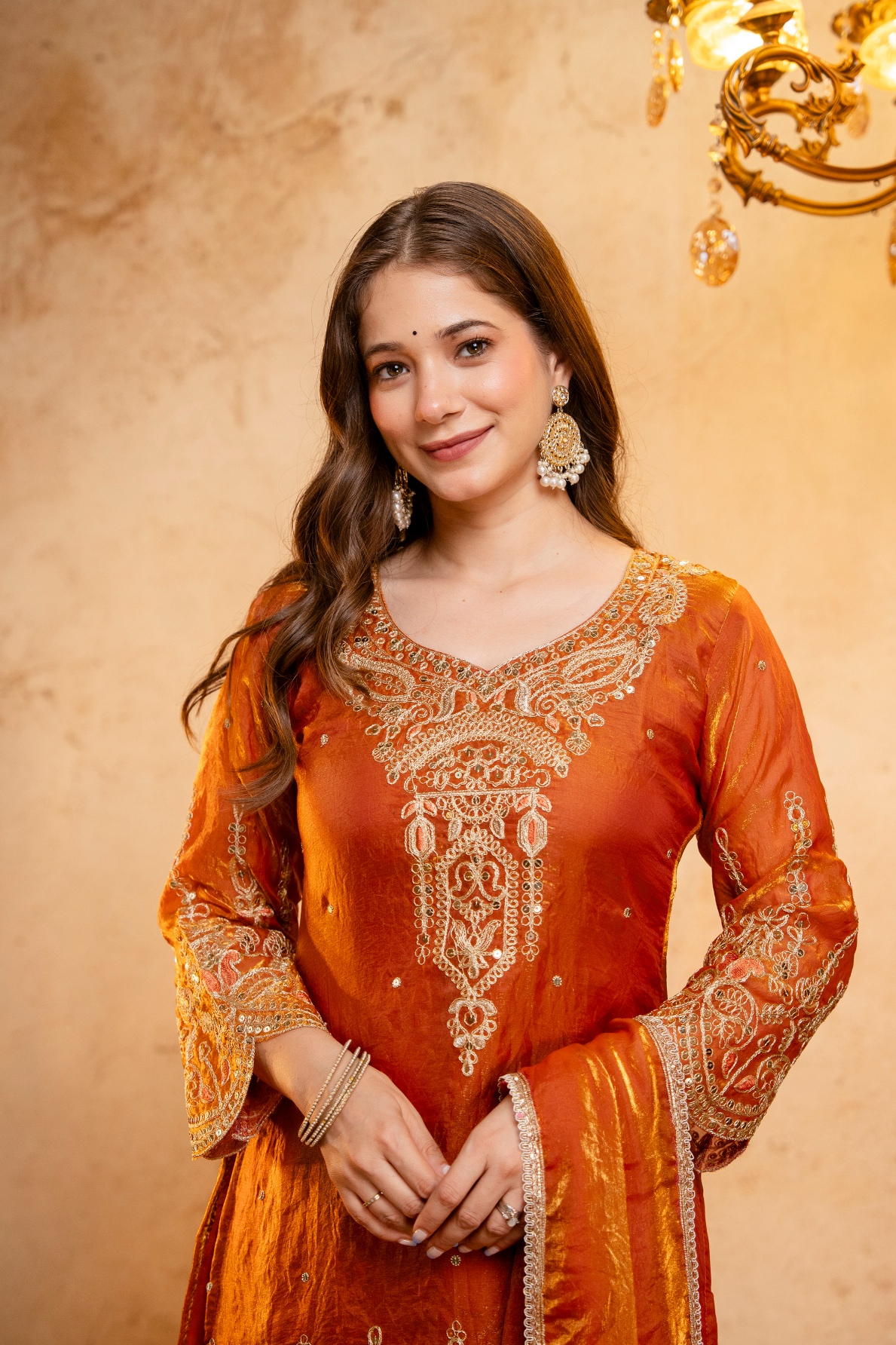Orange Floral Designer Embroidery Fendy Anarkali Suit
