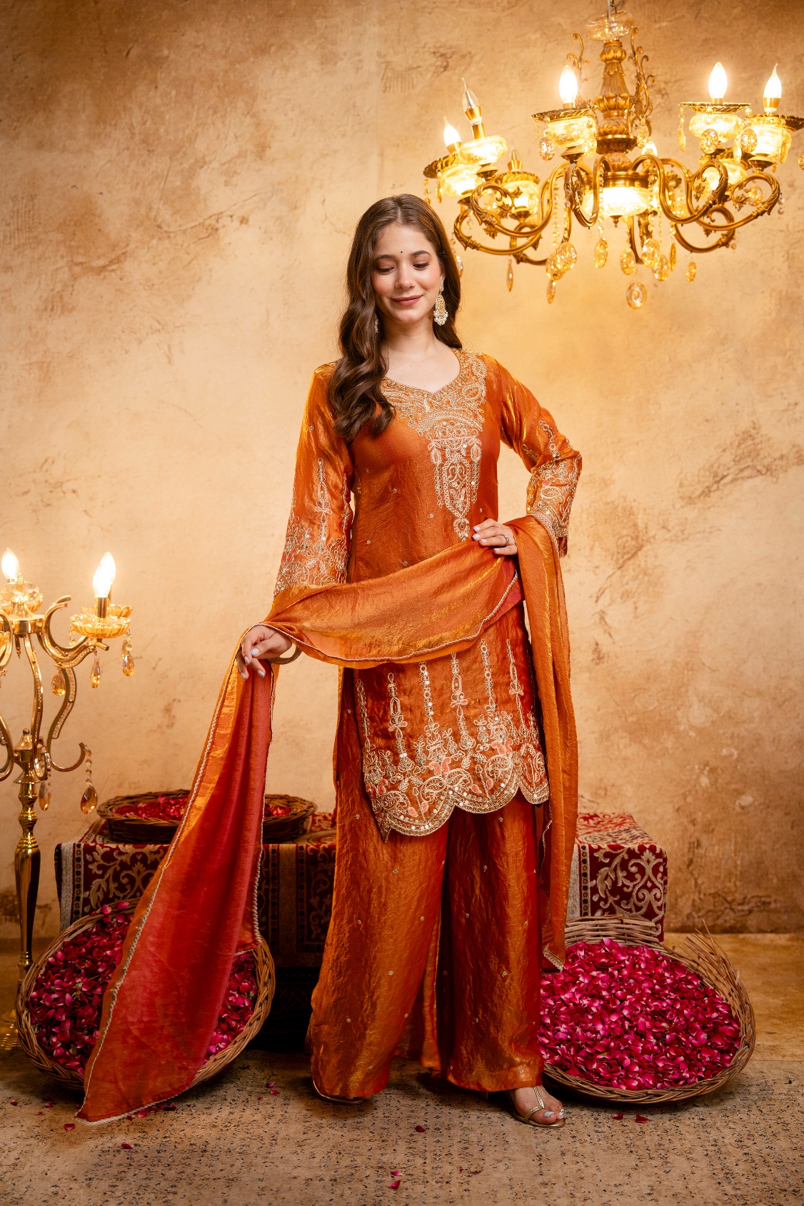 Orange Floral Designer Embroidery Fendy Anarkali Suit