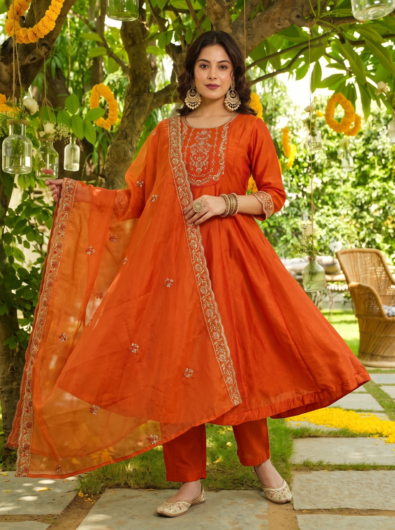 Orange Floral Designer Embroidery Vichitra Anarkali Suit