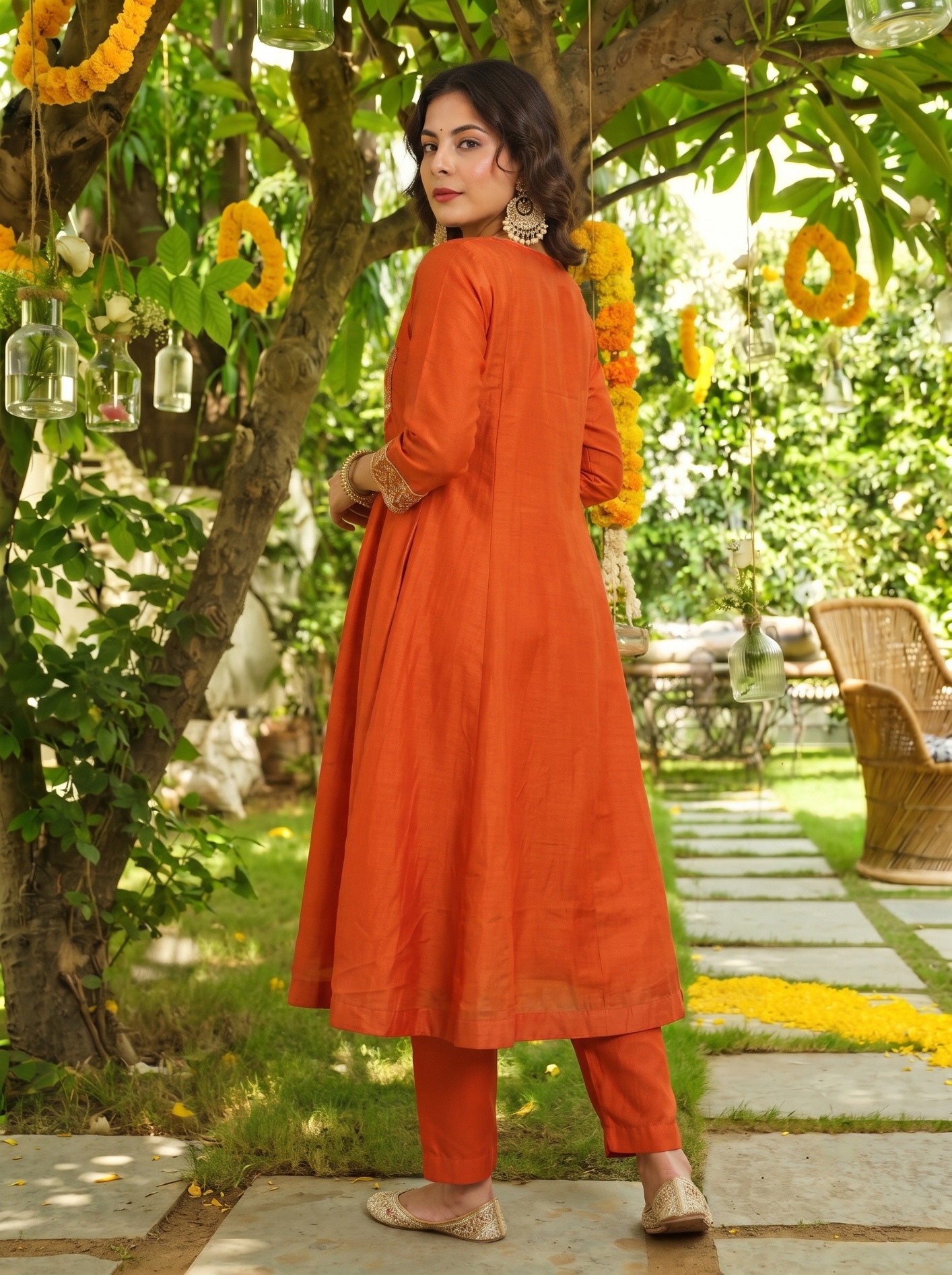 Orange Floral Designer Embroidery Vichitra Anarkali Suit — alternate view