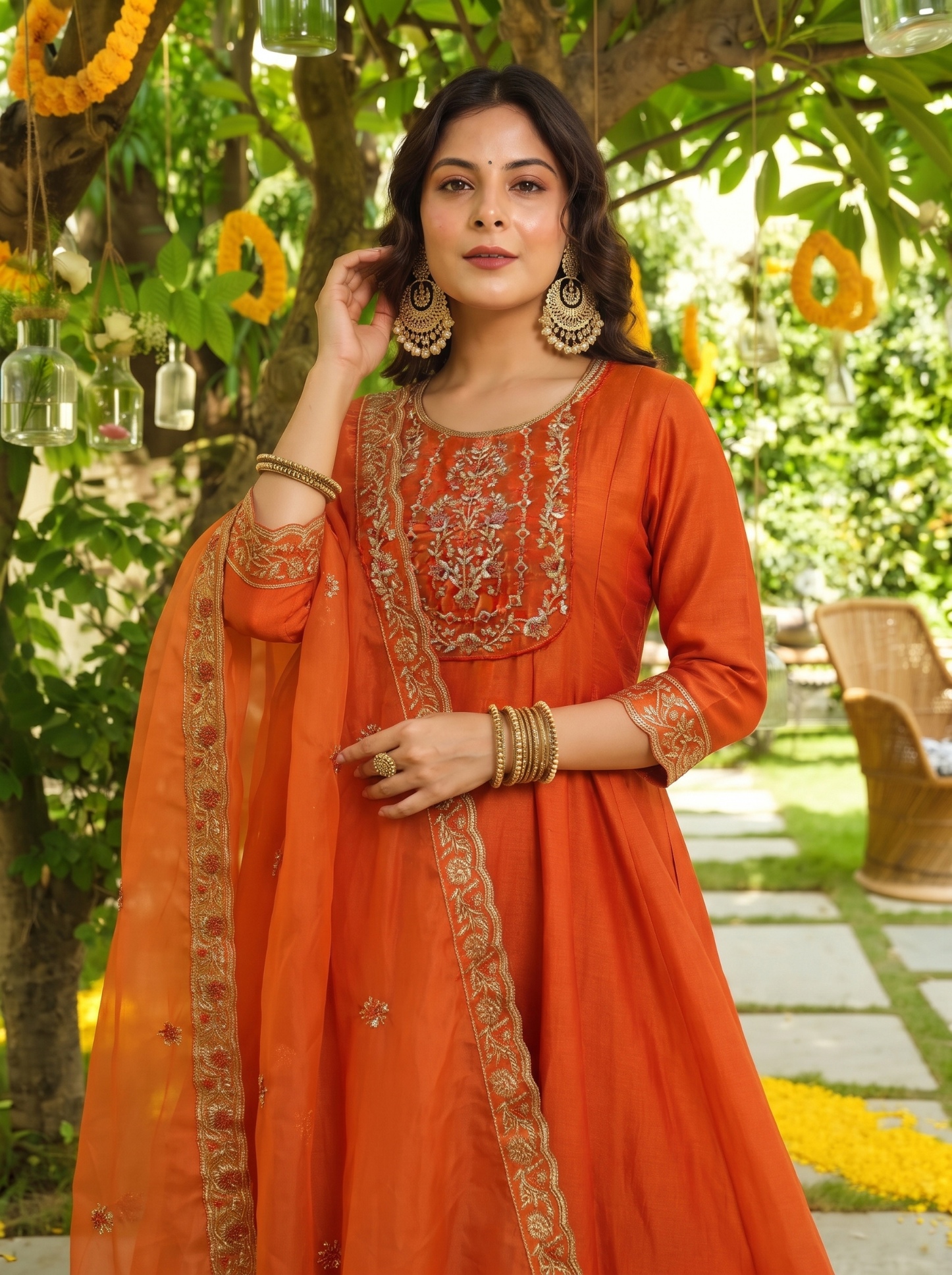 Orange Floral Designer Embroidery Vichitra Anarkali Suit
