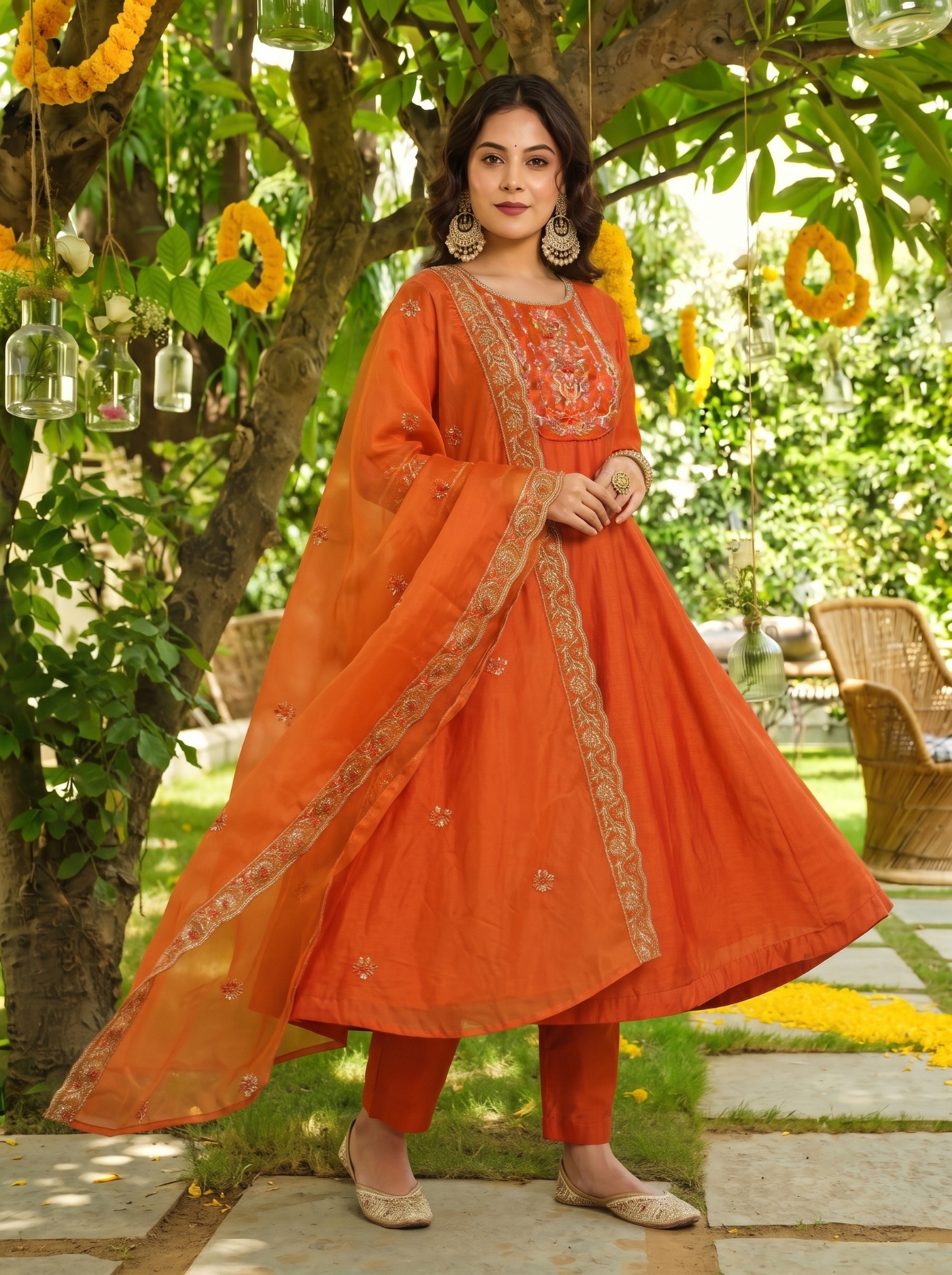 Orange Floral Designer Embroidery Vichitra Anarkali Suit