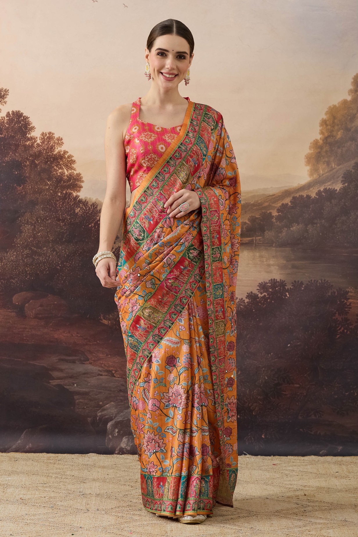 Orange Floral Designer Printed Organza Ready To Wear Saree
