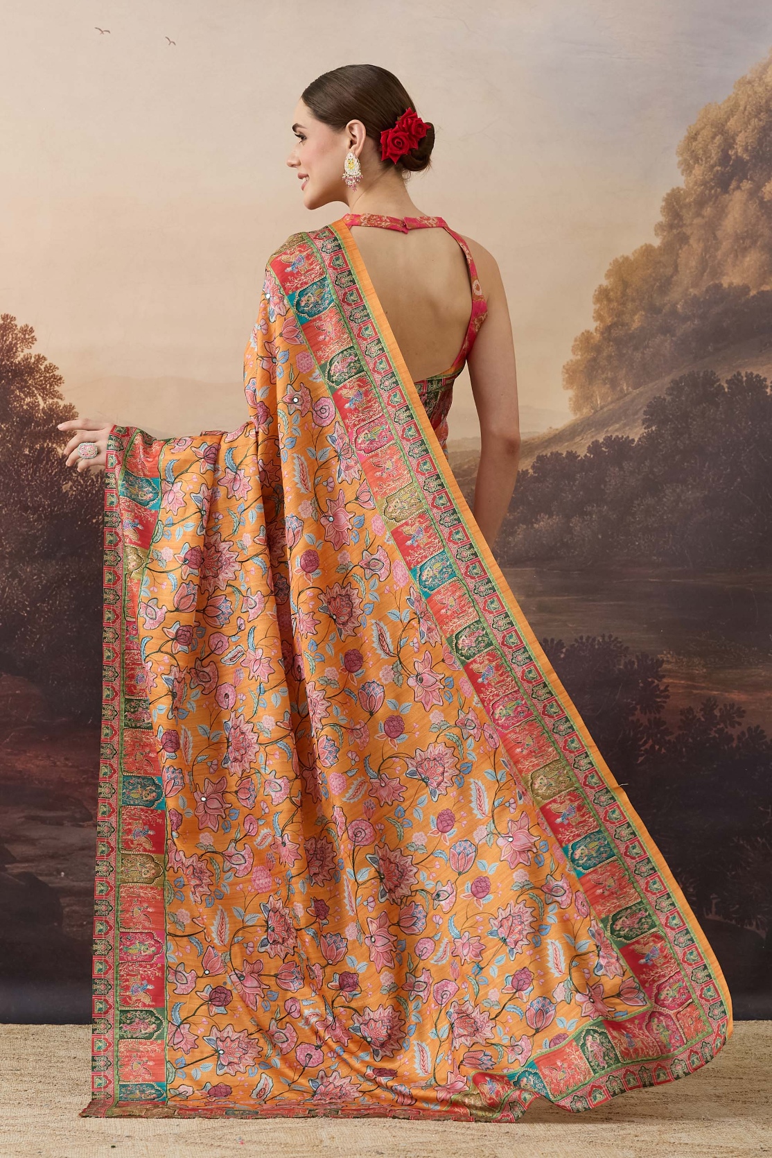 Orange Floral Designer Printed Organza Ready To Wear Saree — alternate view