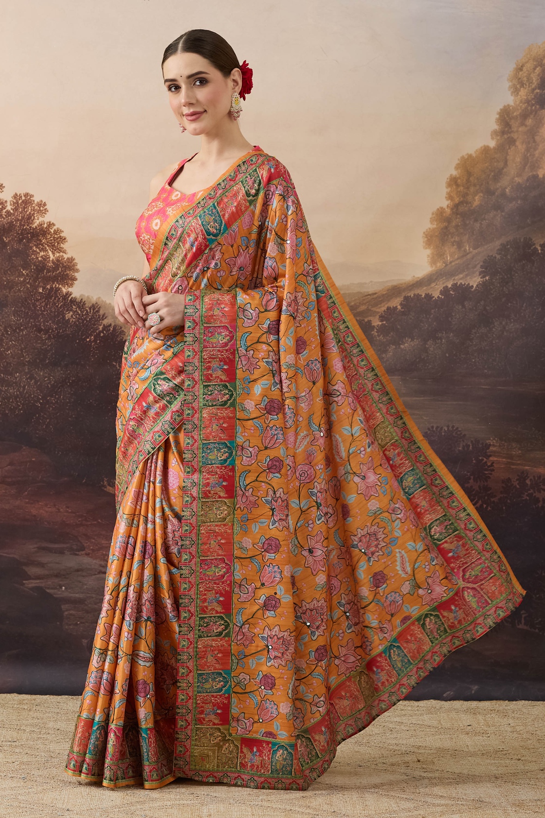 Orange Floral Designer Printed Organza Ready To Wear Saree