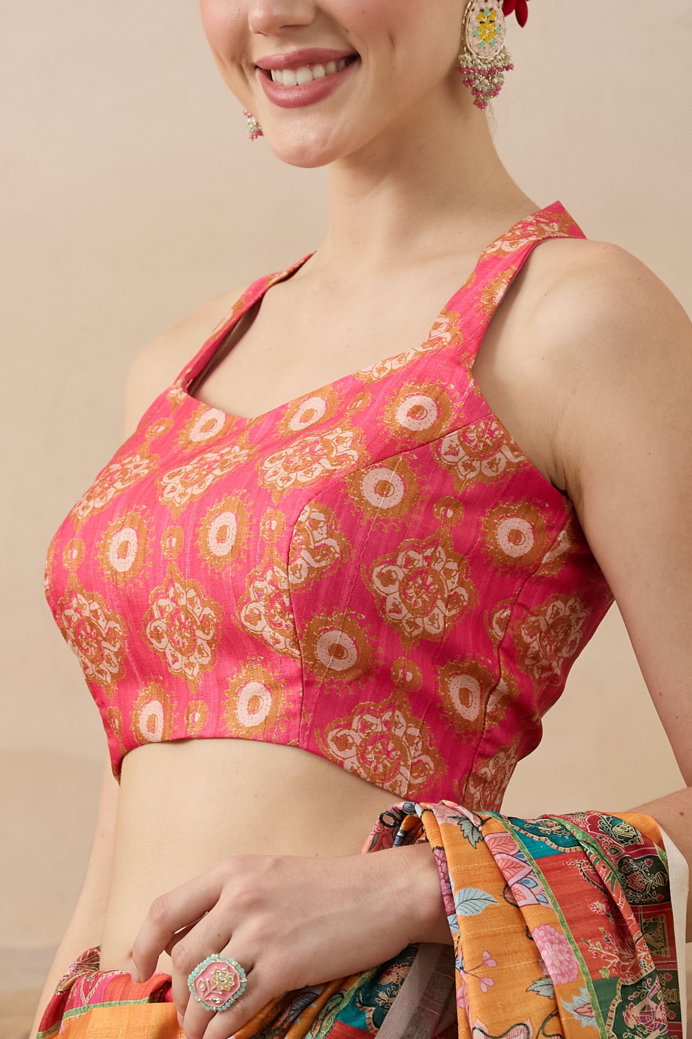 Orange Floral Designer Printed Organza Ready To Wear Saree
