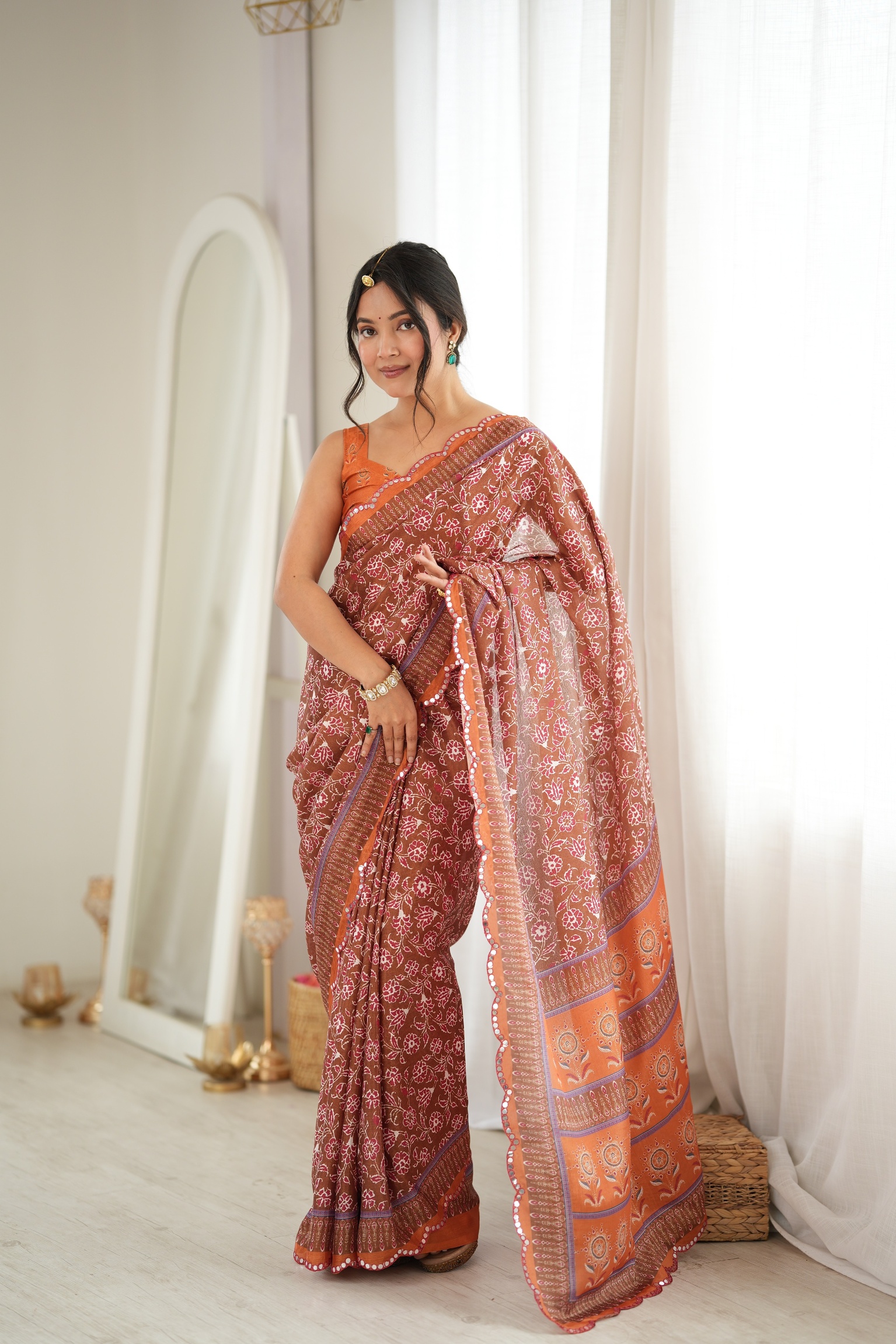 Orange Floral Digital Printed Chinon Saree