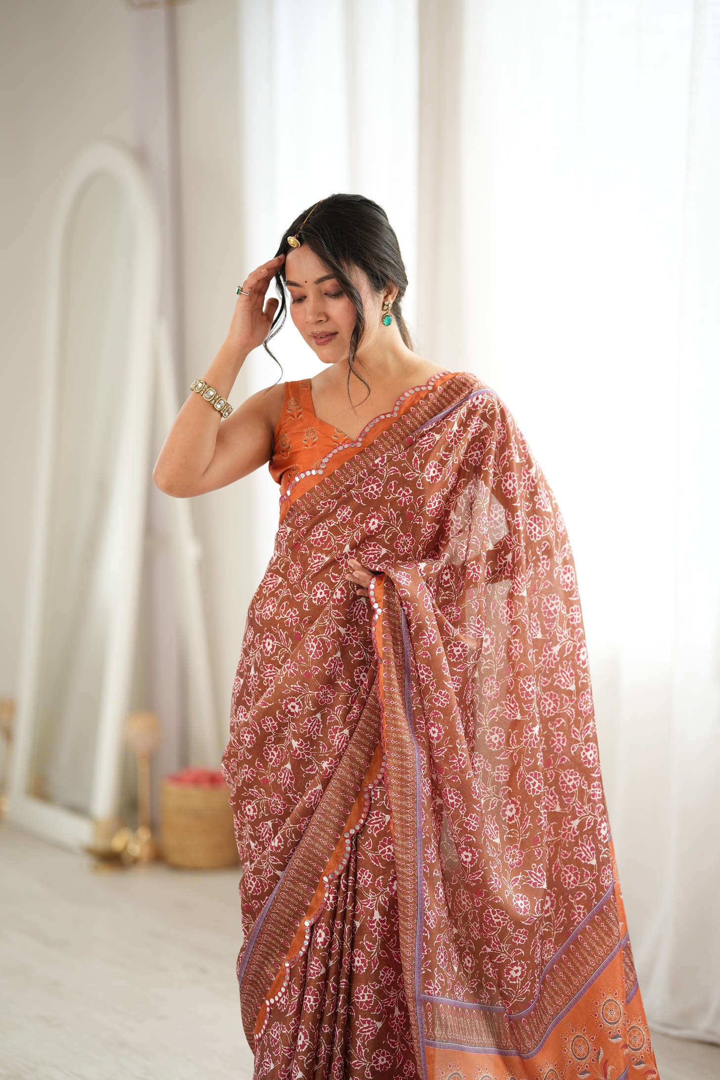 Orange Floral Digital Printed Chinon Saree