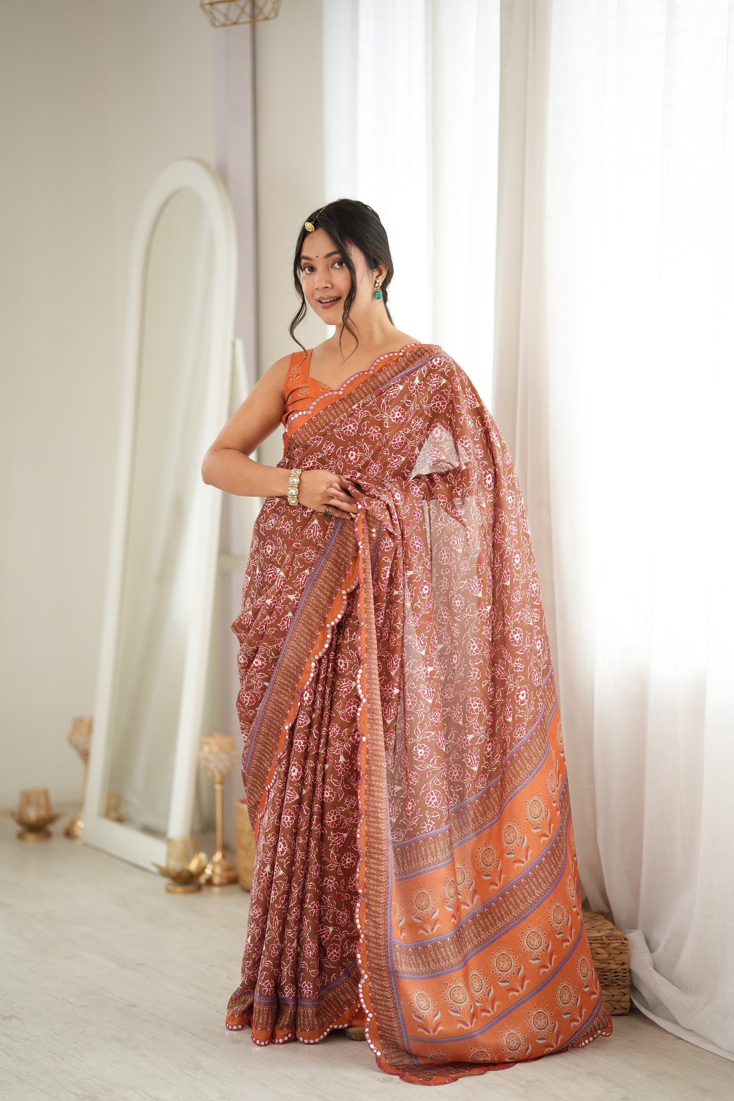 Orange Floral Digital Printed Chinon Saree