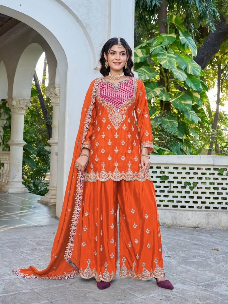Orange Floral Embroidered Chinon Palazzo Suit