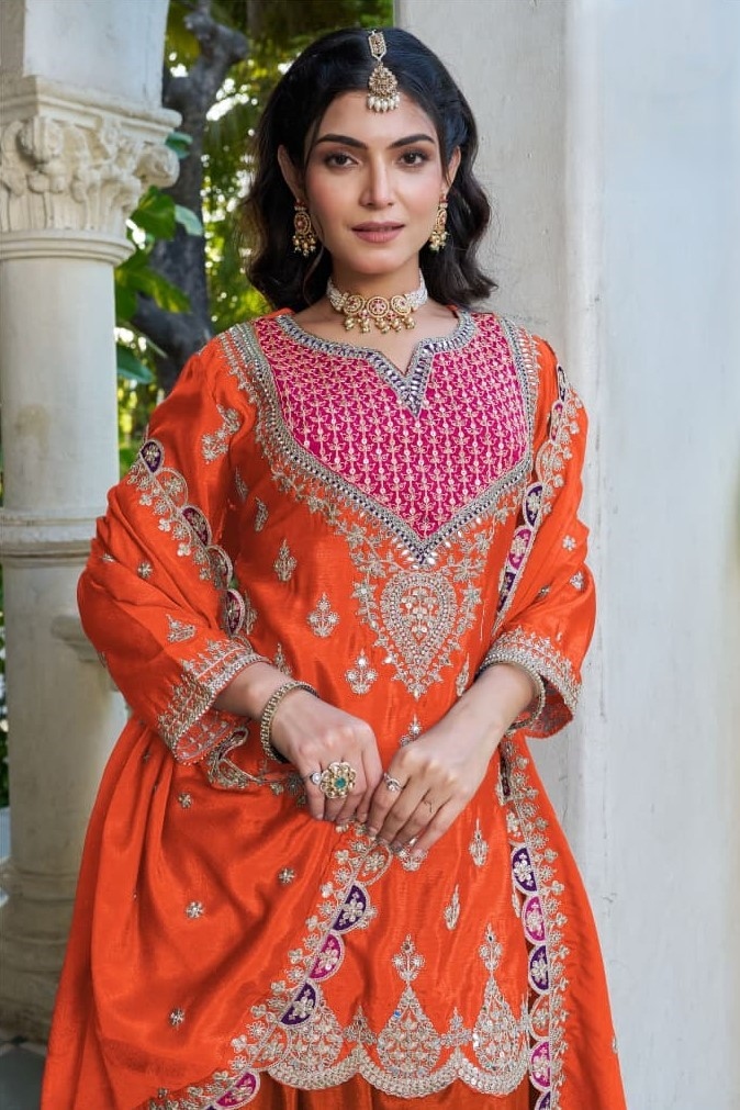 Orange Floral Embroidered Chinon Palazzo Suit — alternate view