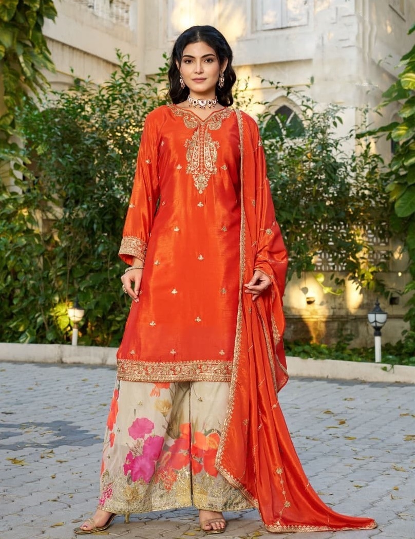 Orange Floral Embroidered Chinon Palazzo Suit
