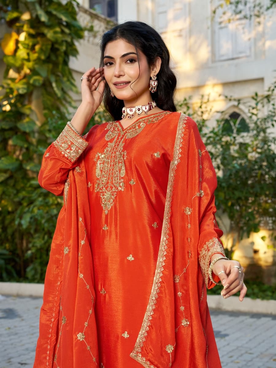 Orange Floral Embroidered Chinon Palazzo Suit