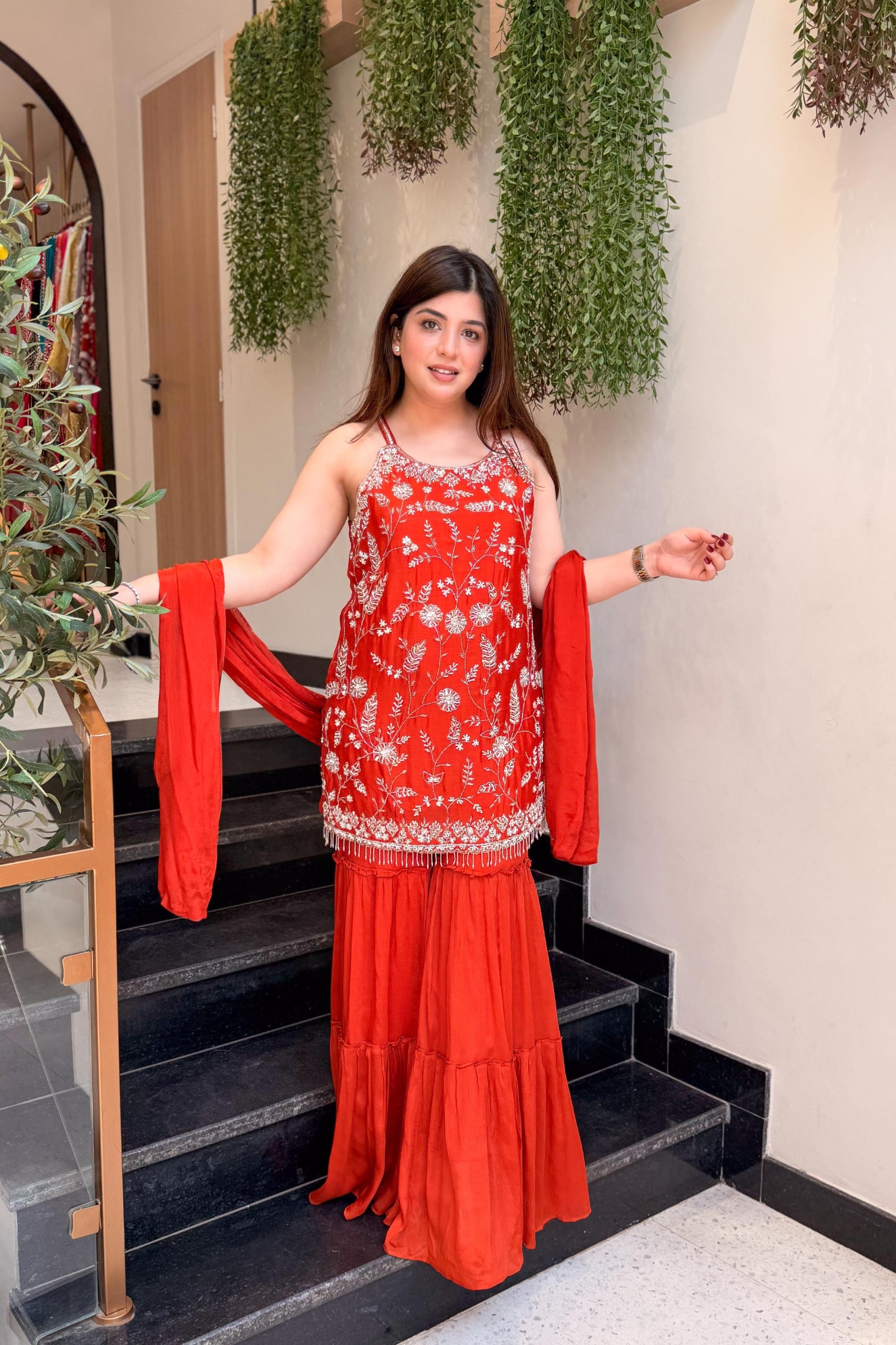 Orange Floral Embroidered Chinon Sharara Suit