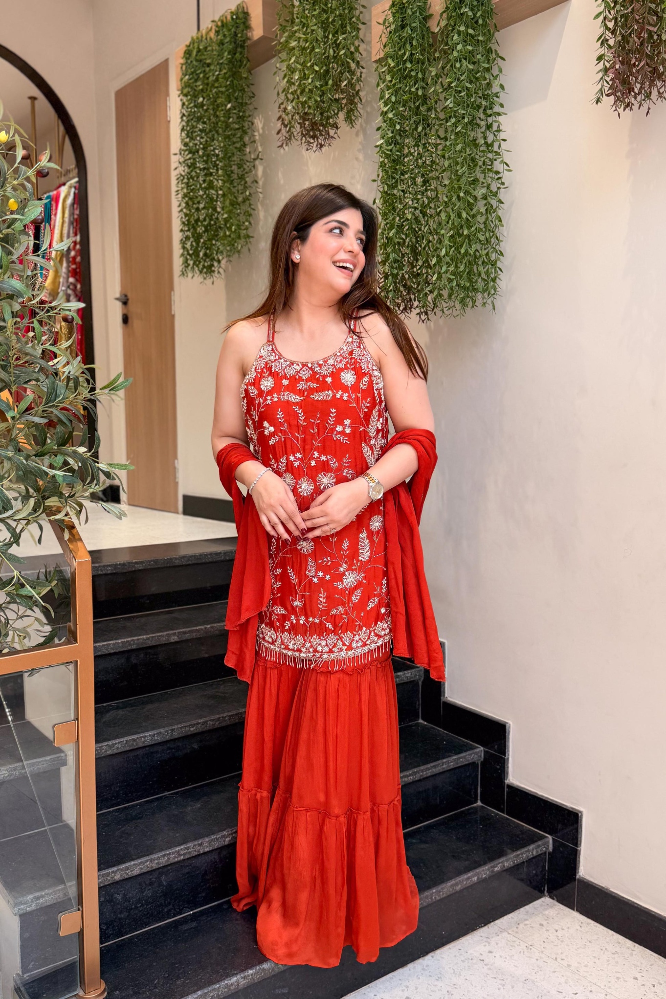 Orange Floral Embroidered Chinon Sharara Suit — alternate view