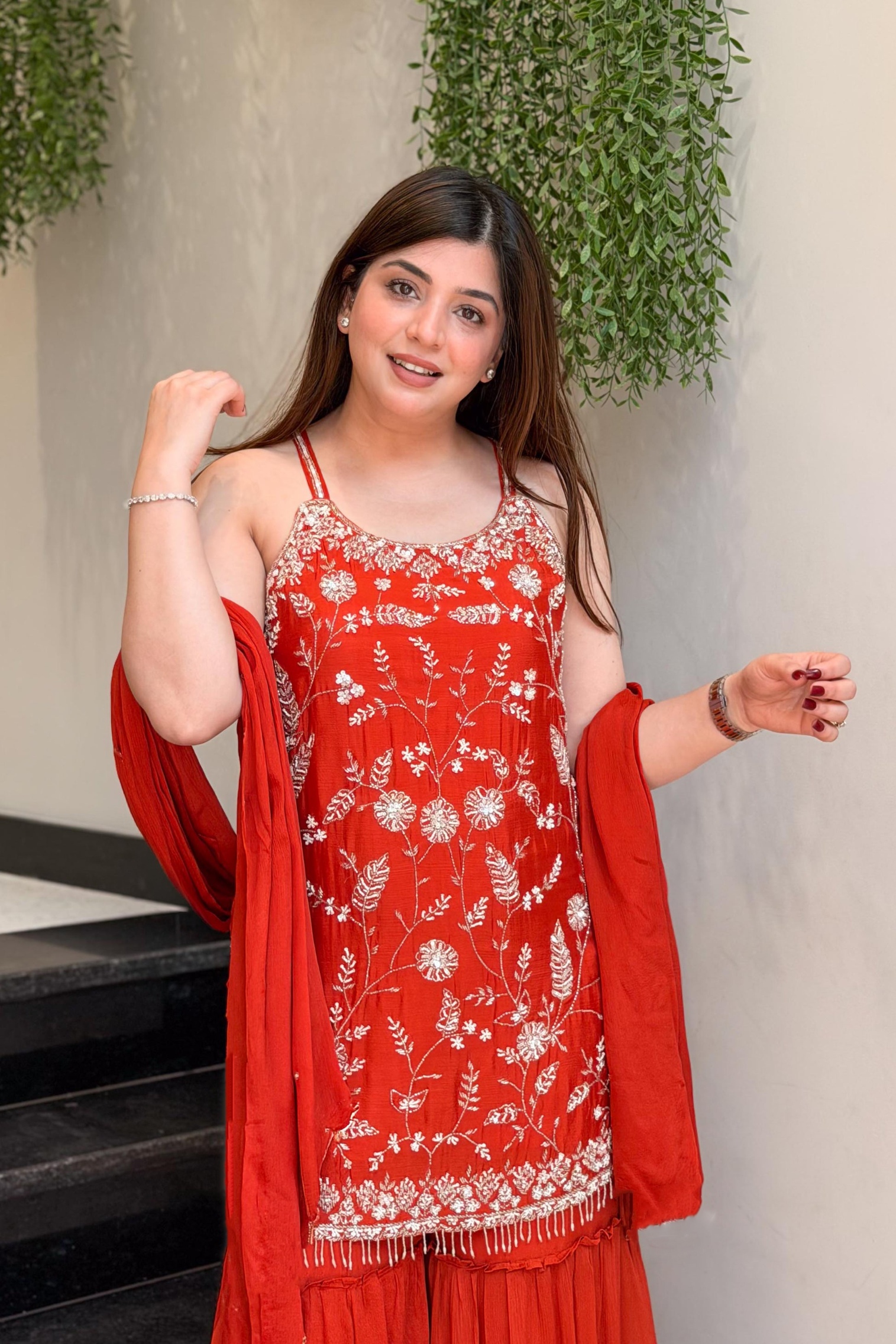 Orange Floral Embroidered Chinon Sharara Suit