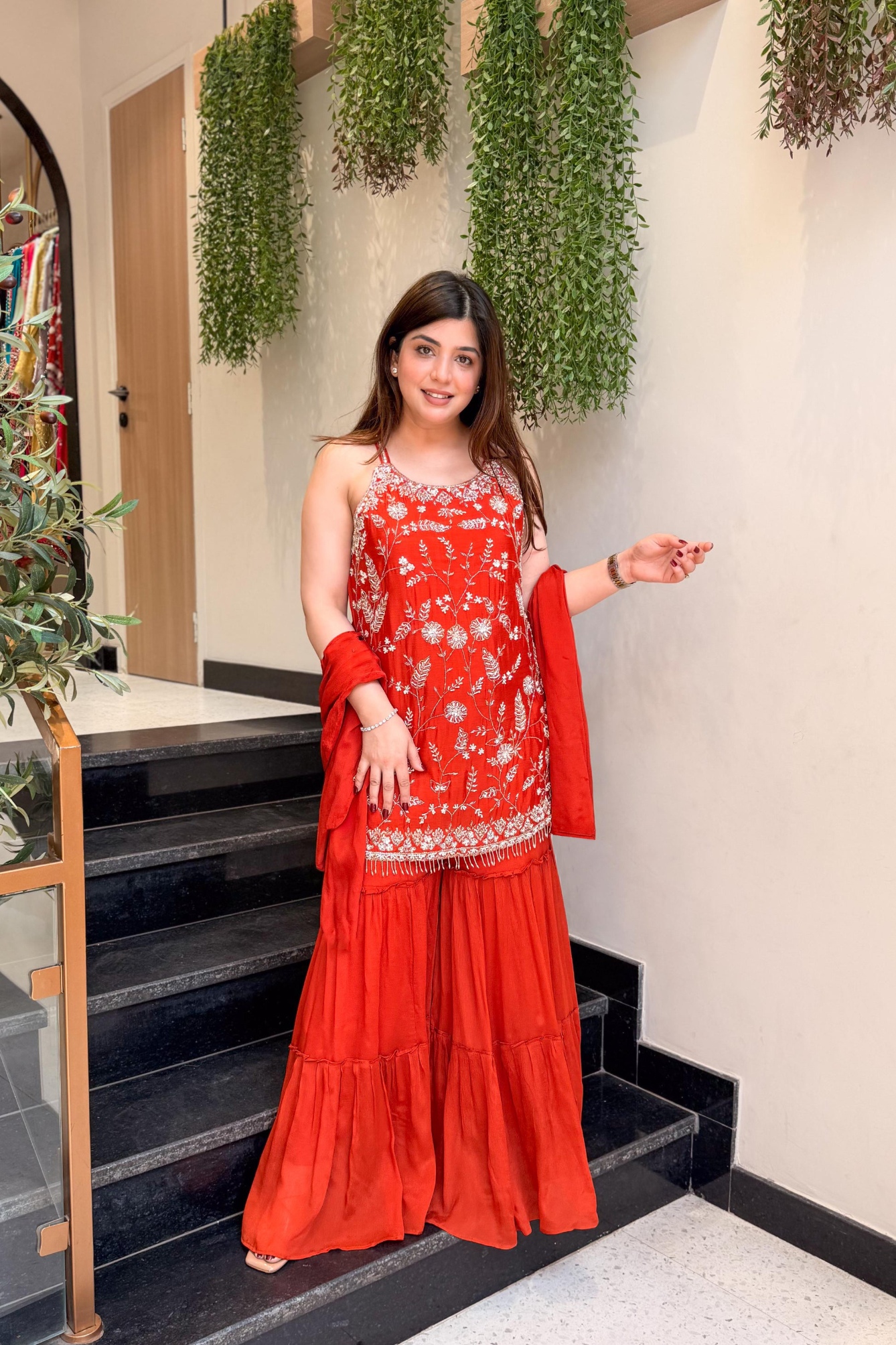 Orange Floral Embroidered Chinon Sharara Suit