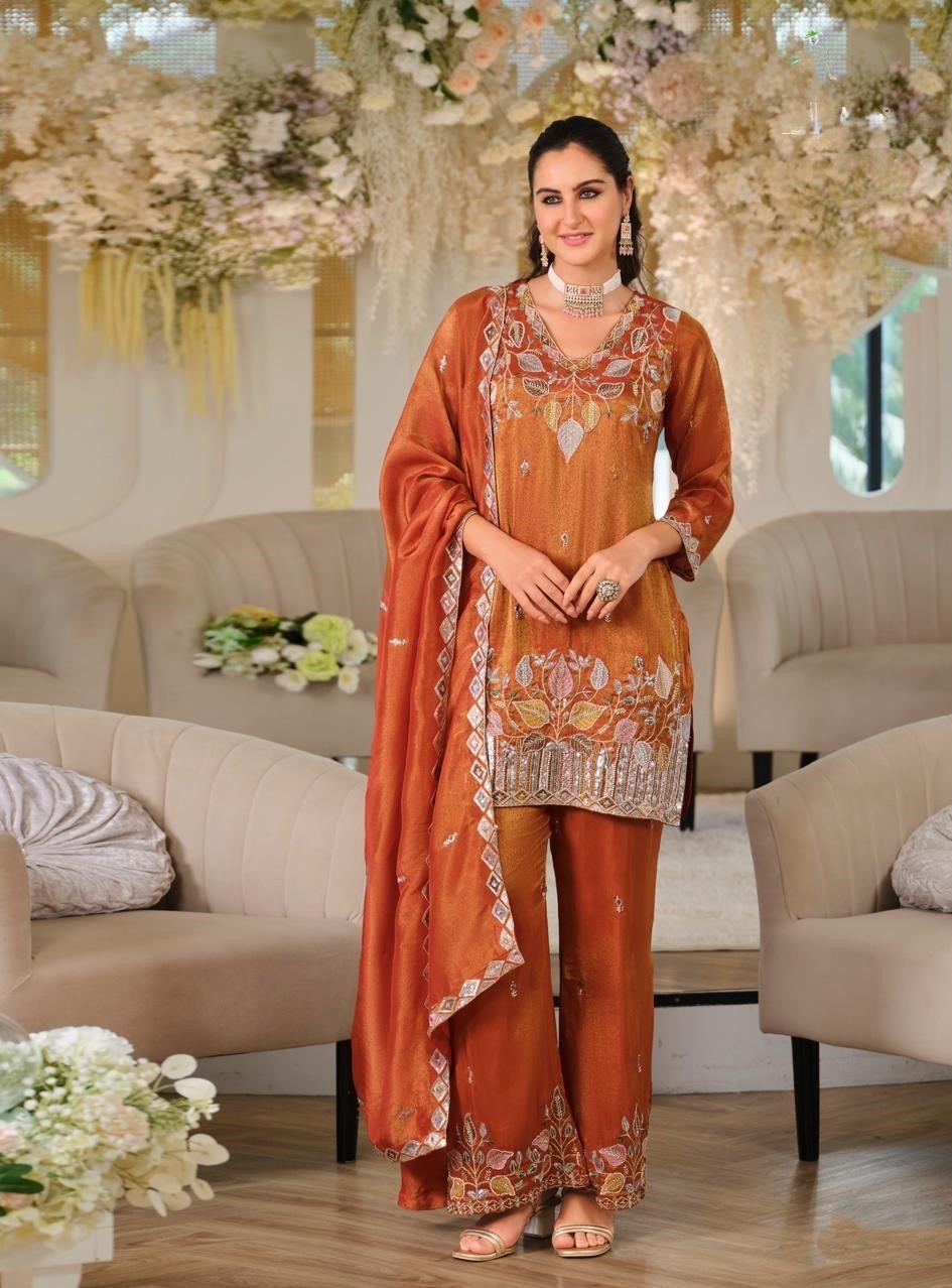 Orange Floral Embroidered Roman Silk Palazzo Suit