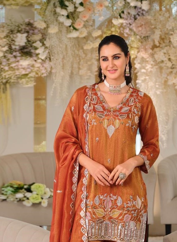 Orange Floral Embroidered Roman Silk Palazzo Suit