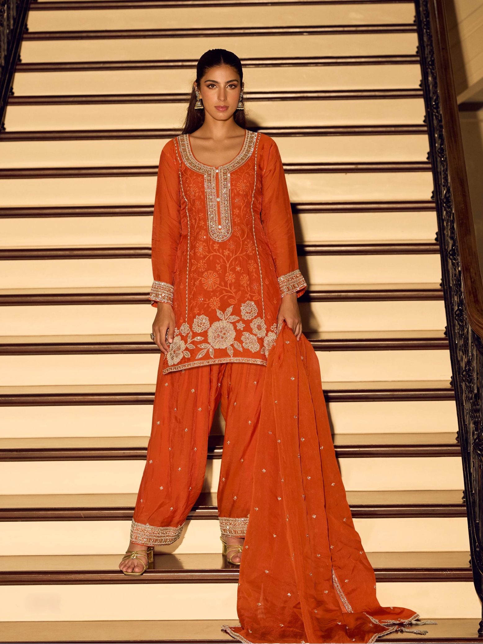 Orange Floral Embroidery Chinon Palazzo Suit