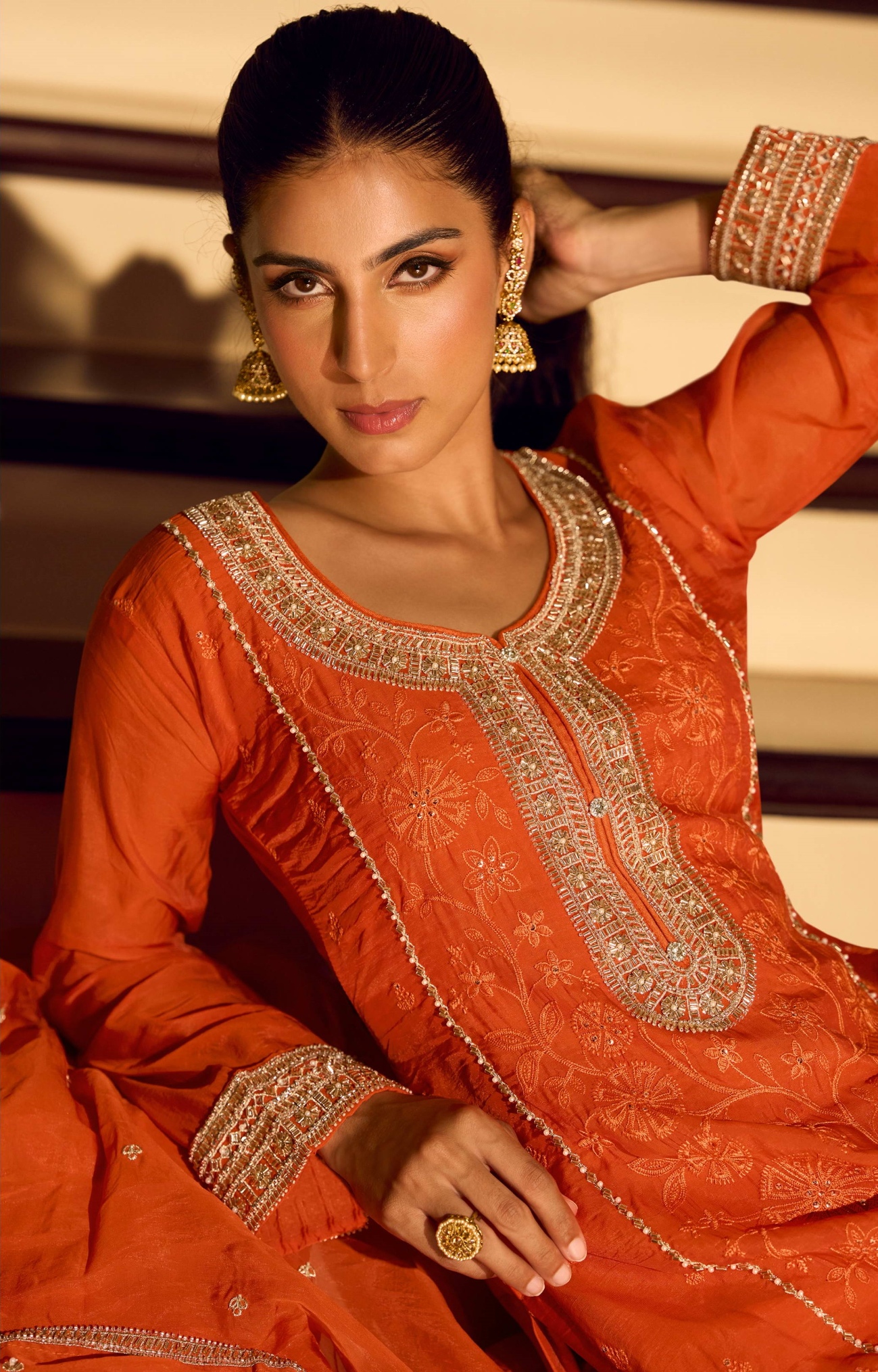 Orange Floral Embroidery Chinon Palazzo Suit
