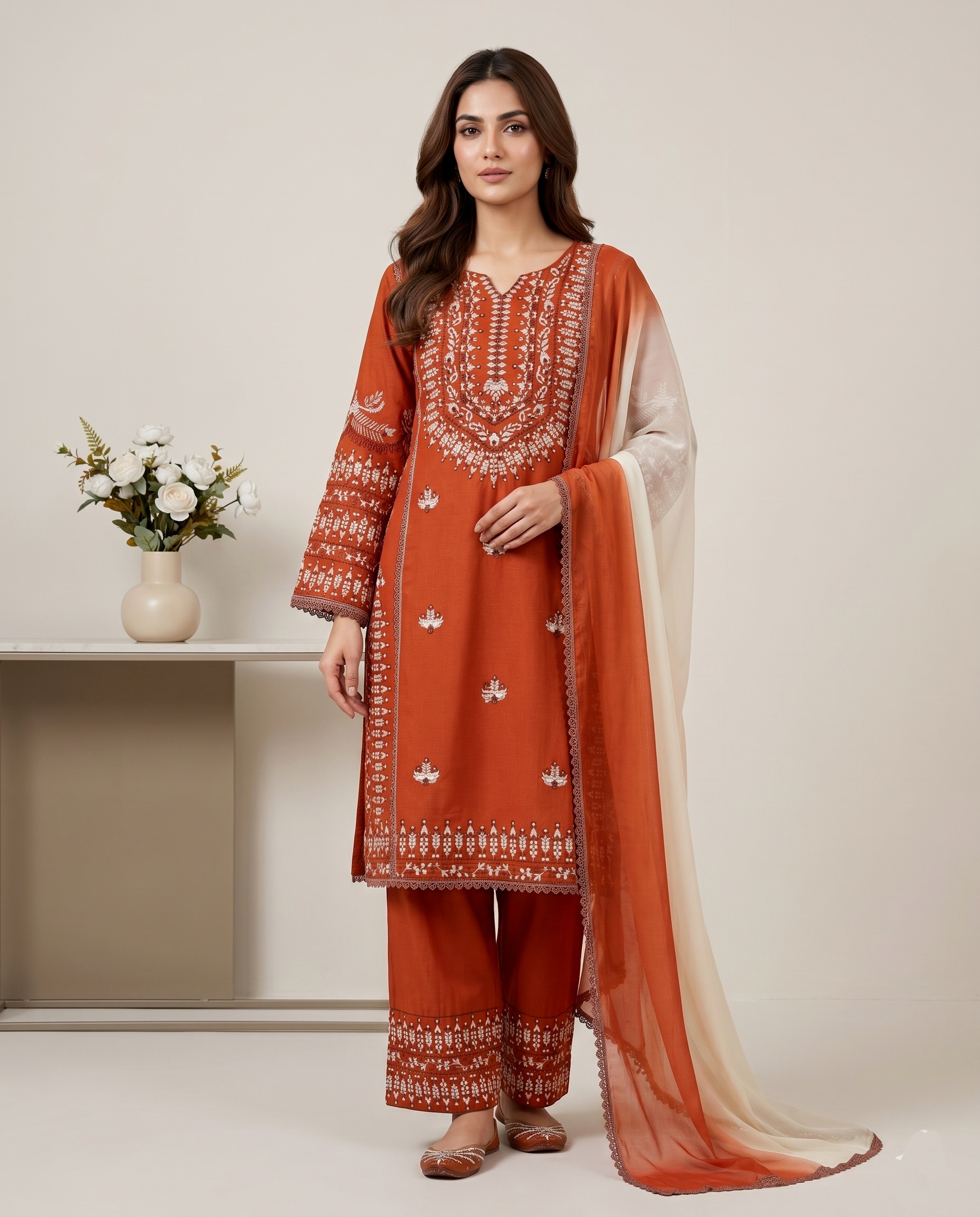 Orange Floral Embroidery Thread Rayon Cotton Sharara Suit