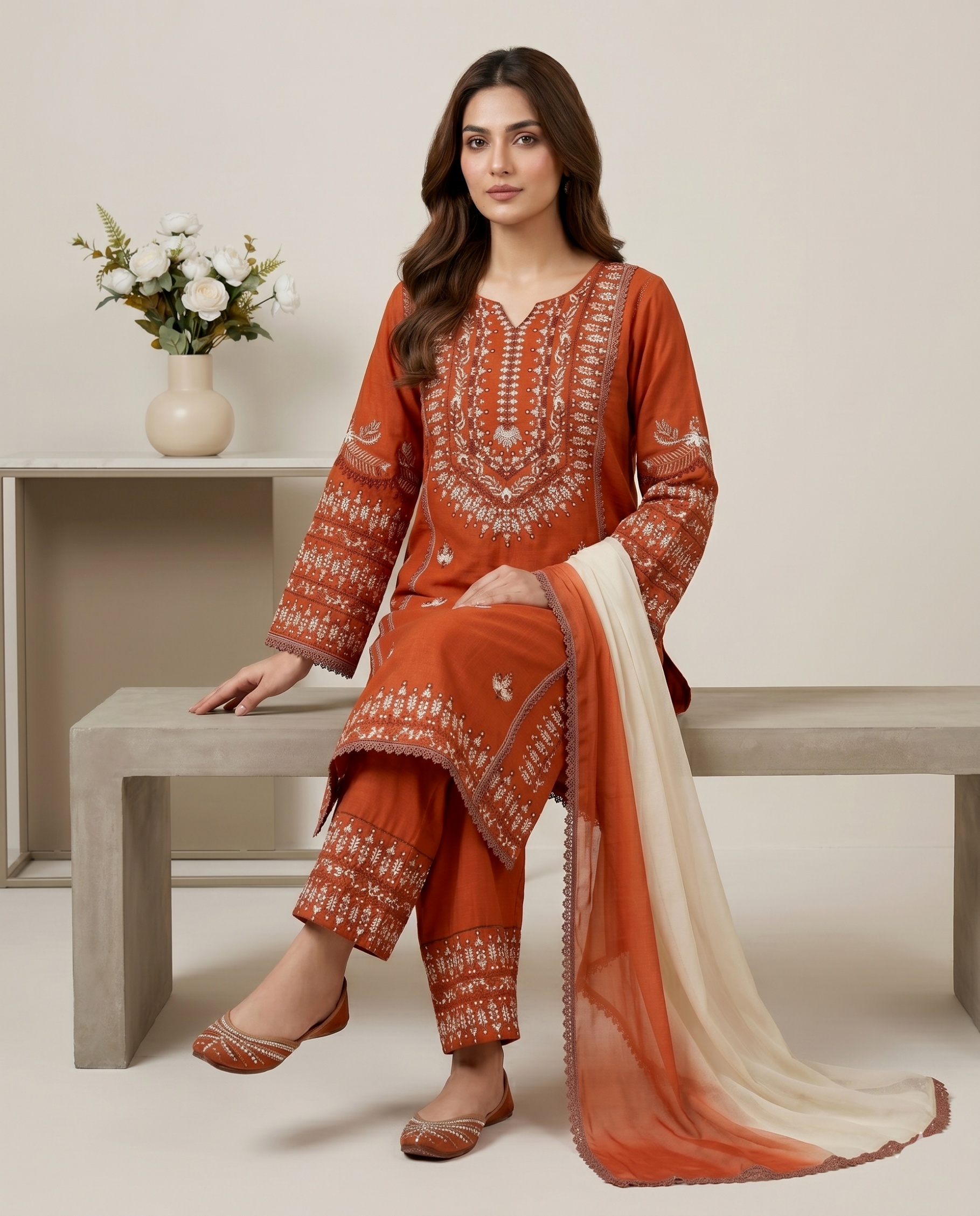 Orange Floral Embroidery Thread Rayon Cotton Sharara Suit — alternate view