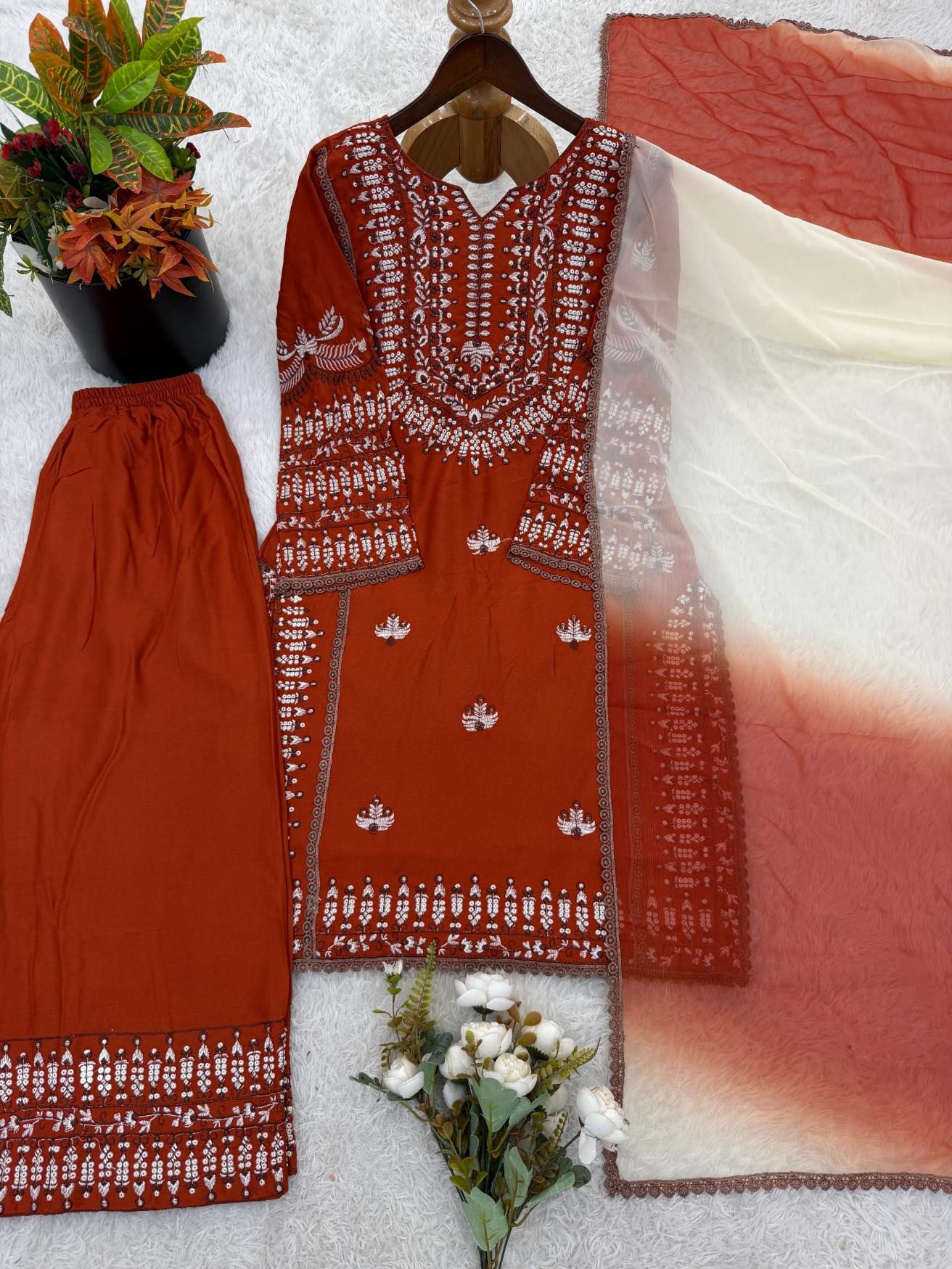 Orange Floral Embroidery Thread Rayon Cotton Sharara Suit