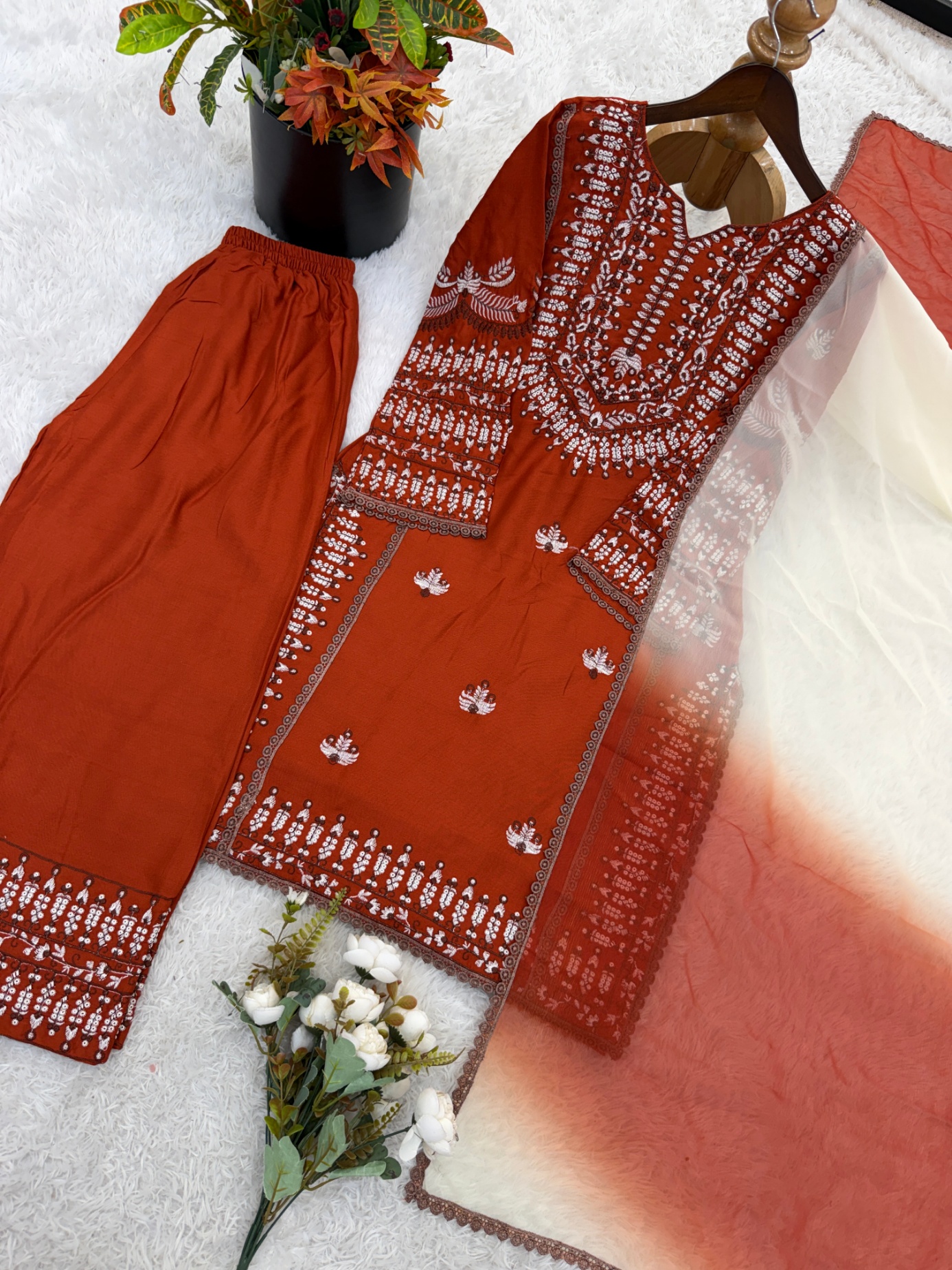Orange Floral Embroidery Thread Rayon Cotton Sharara Suit