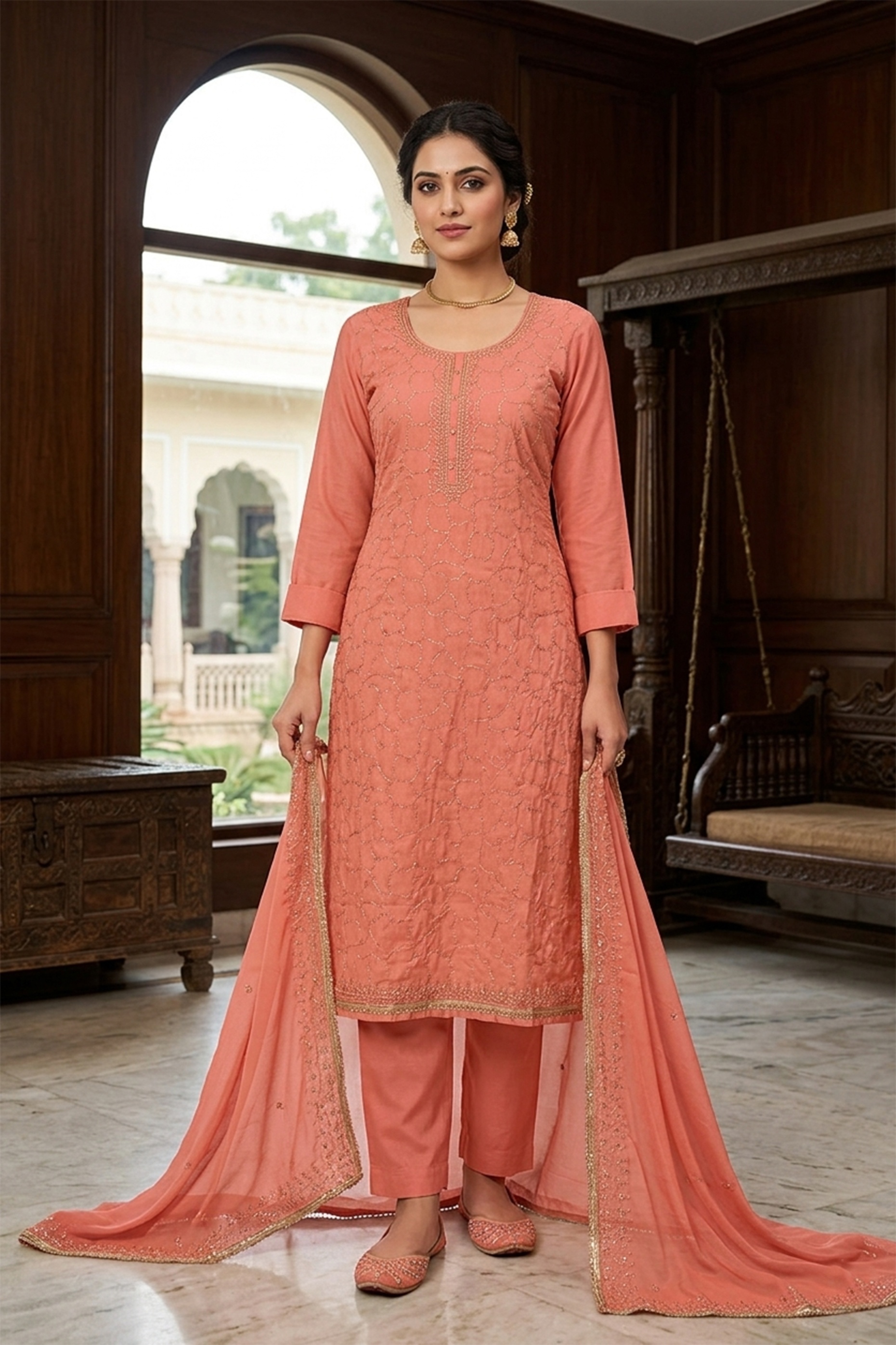 Orange Floral Jaal Jam Cotton Salwar Suit