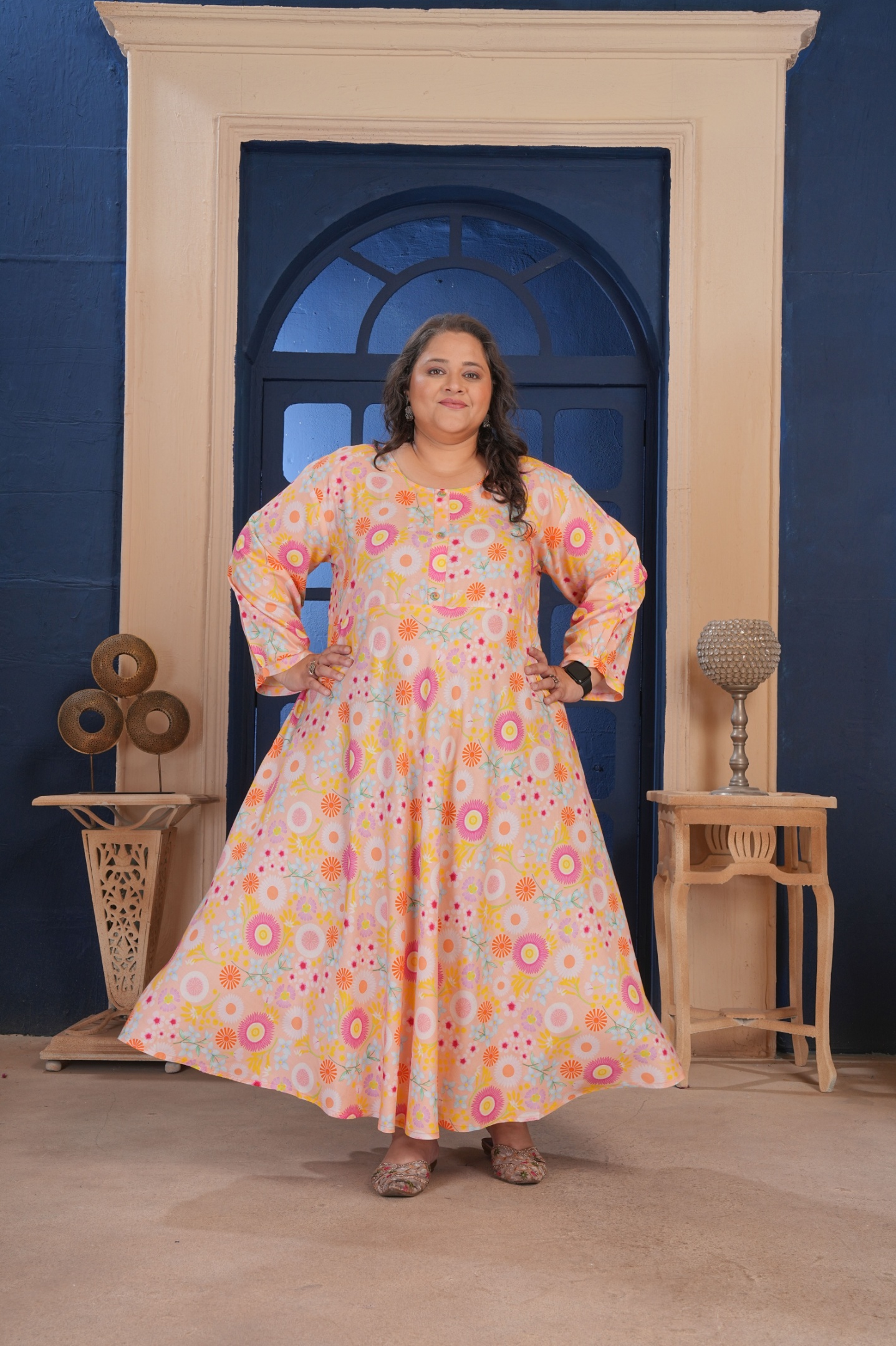 Orange Floral Printed Rayon Plus Size Kurti