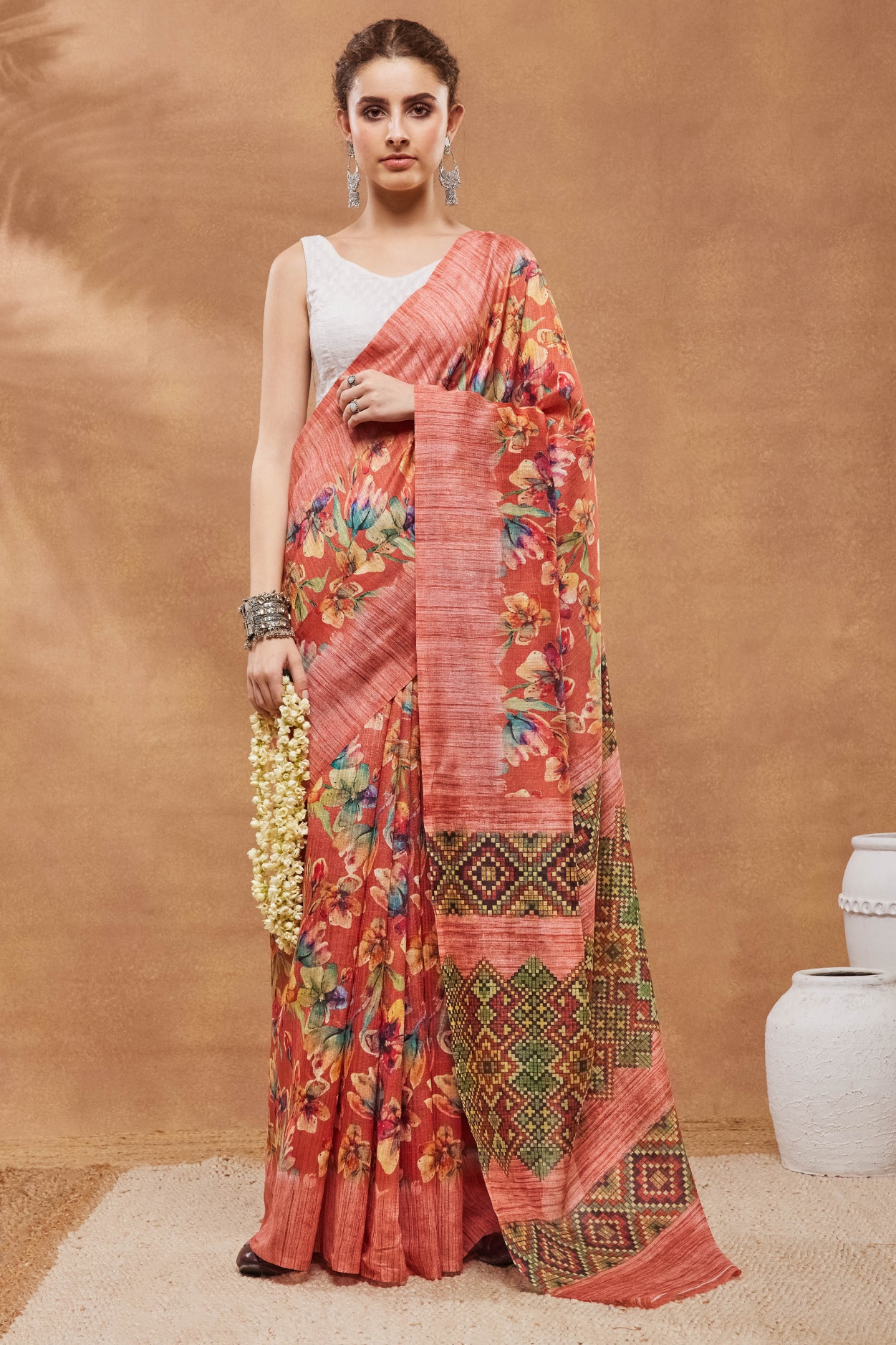 Orange Floral Printed Silk Blend Saree