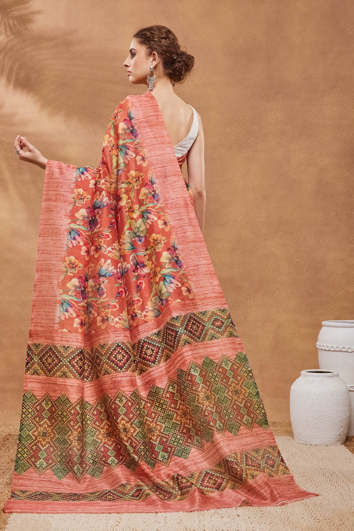 Orange Floral Printed Silk Blend Saree — alternate view