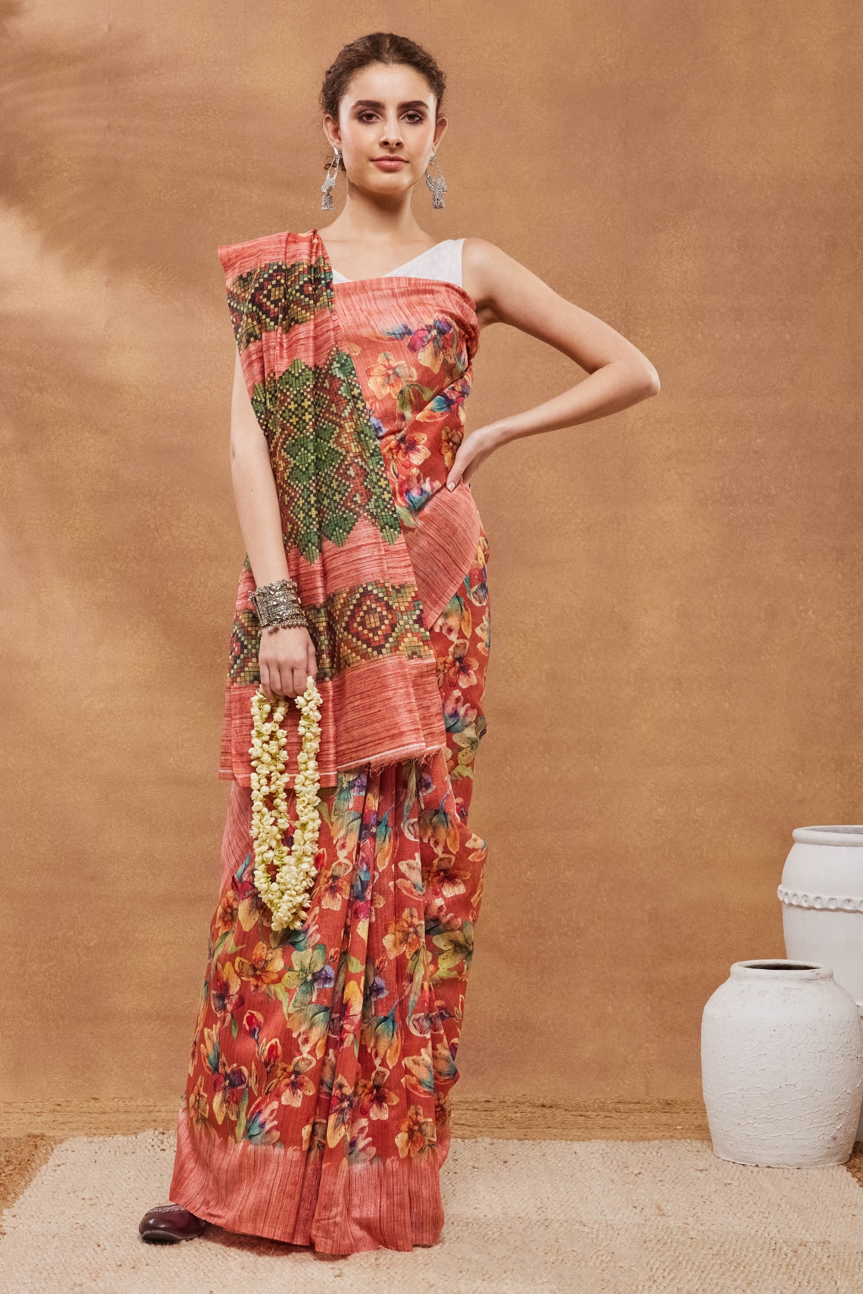 Orange Floral Printed Silk Blend Saree