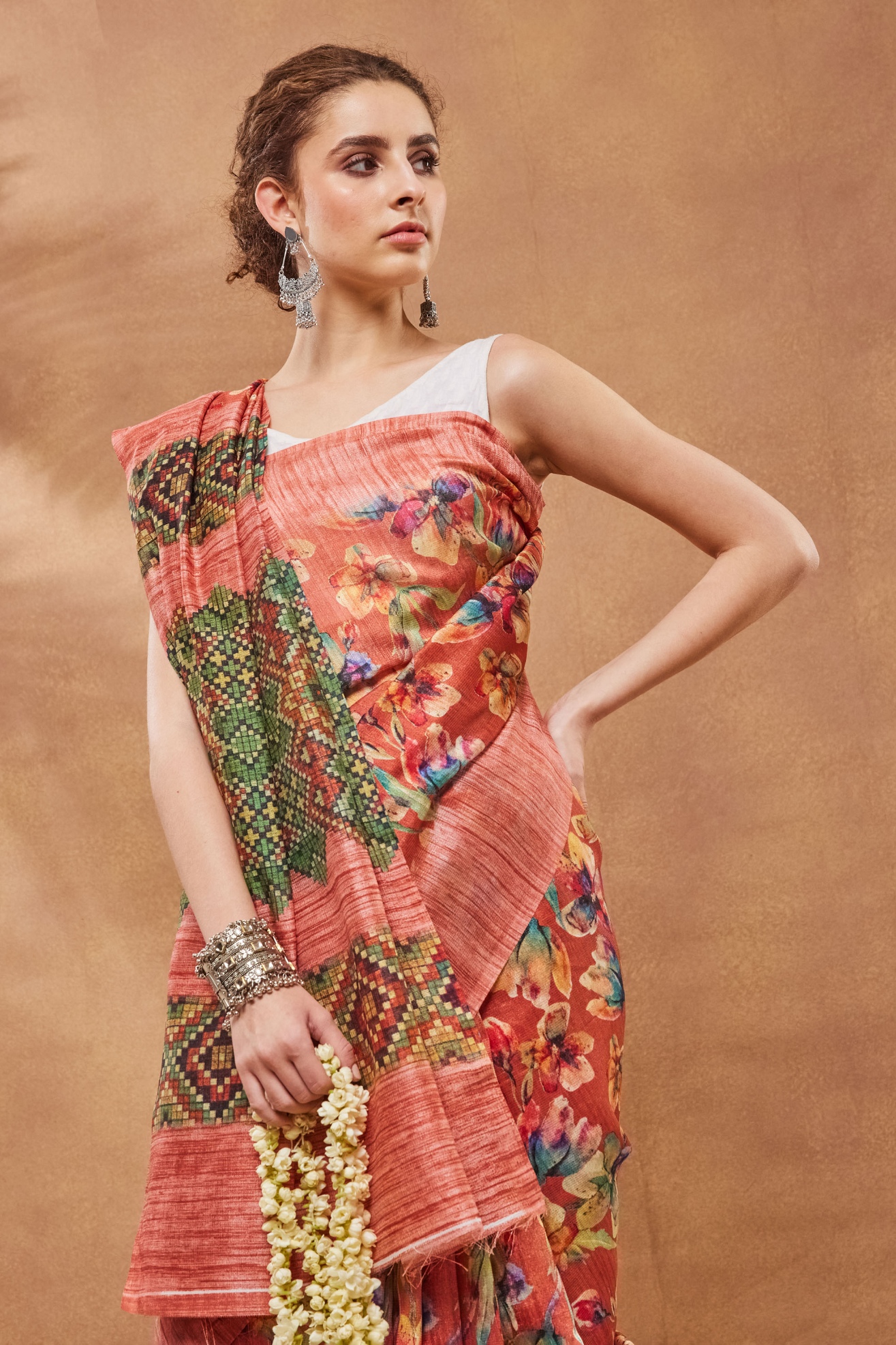 Orange Floral Printed Silk Blend Saree