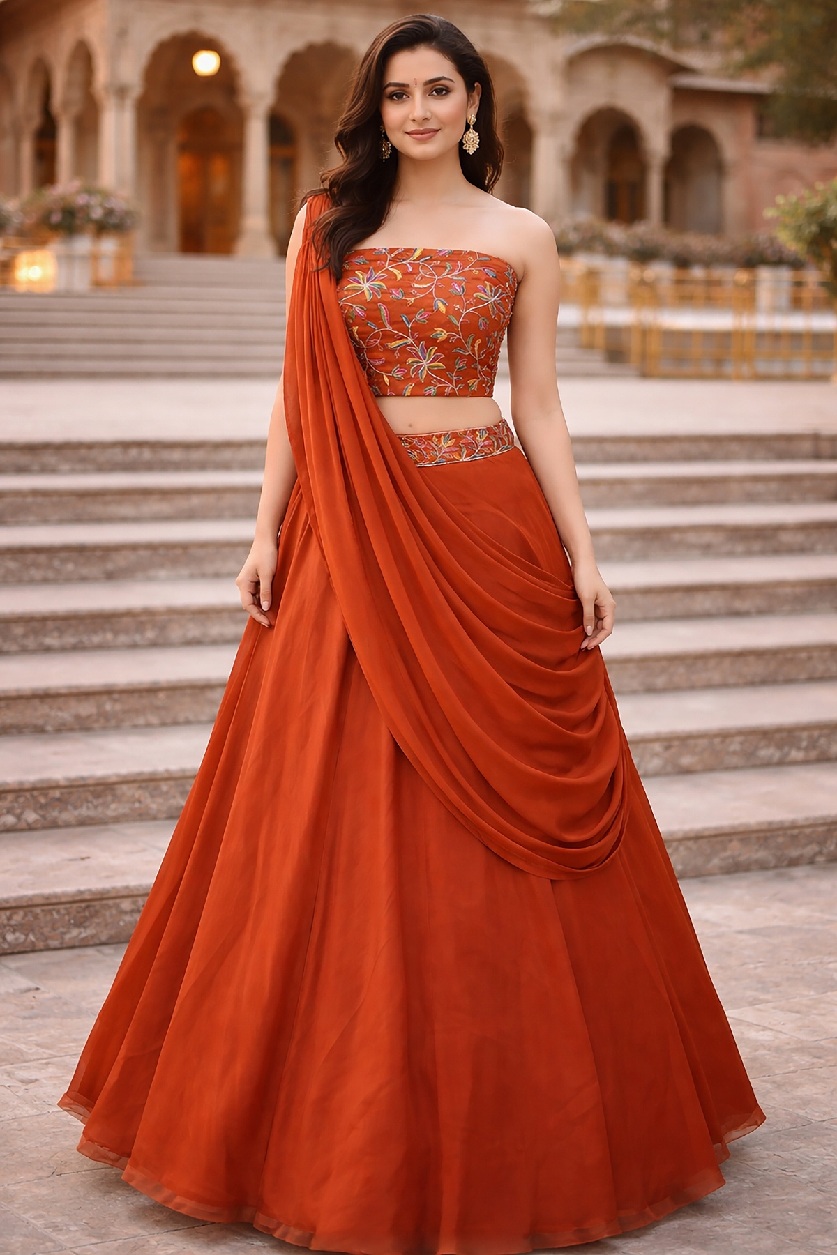 Orange Floral Rangoli Silk Lehenga Choli