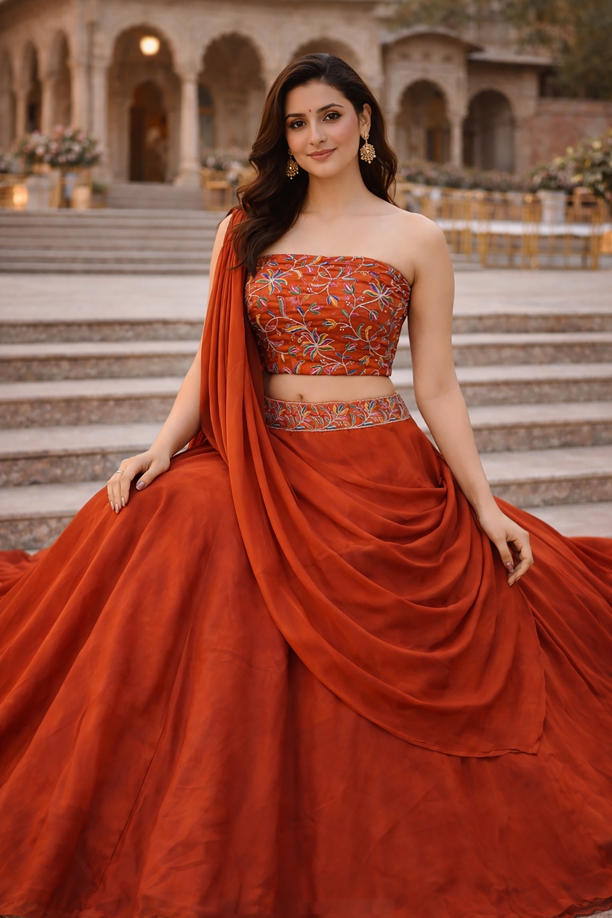 Orange Floral Rangoli Silk Lehenga Choli