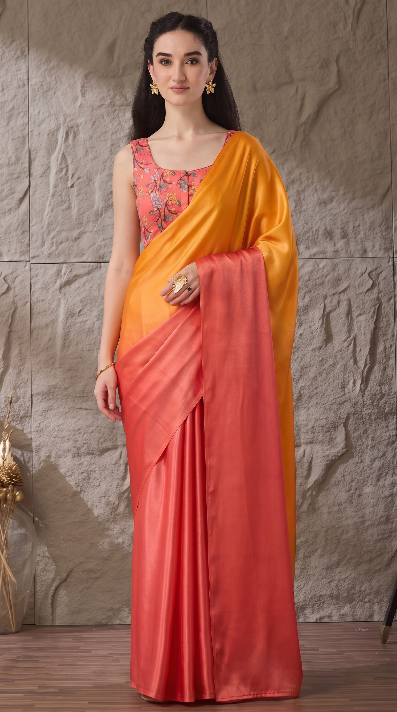 Orange Floral Satin Ready To Wear Saree